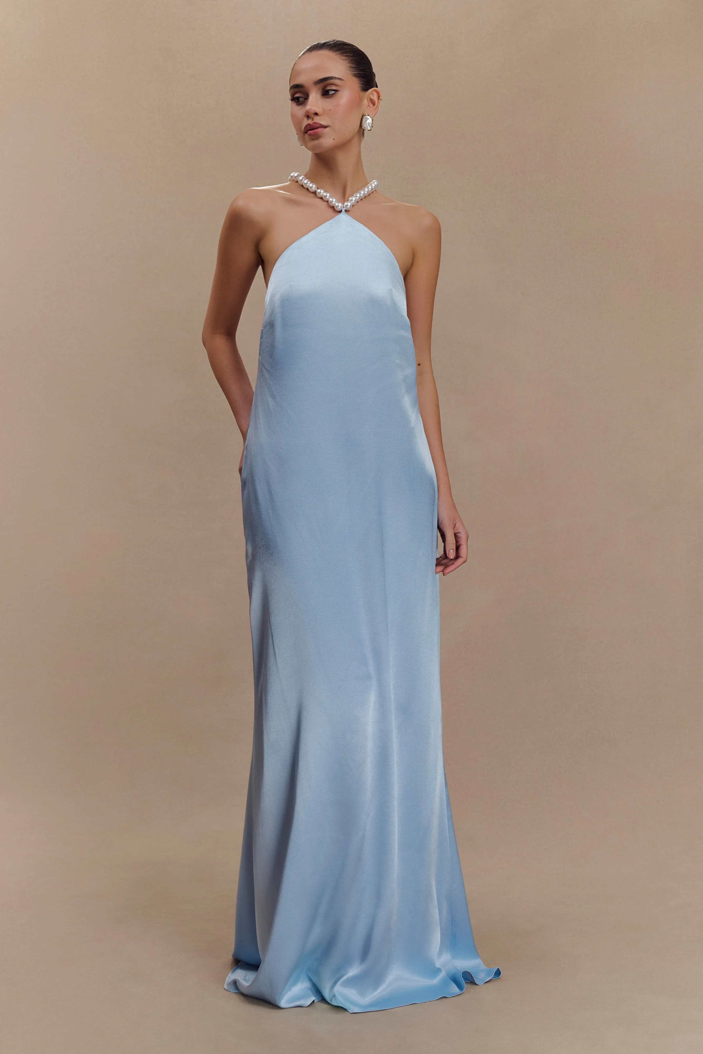 Blanche Satin Pearl Halter Maxi Dress - Cornflower Blue