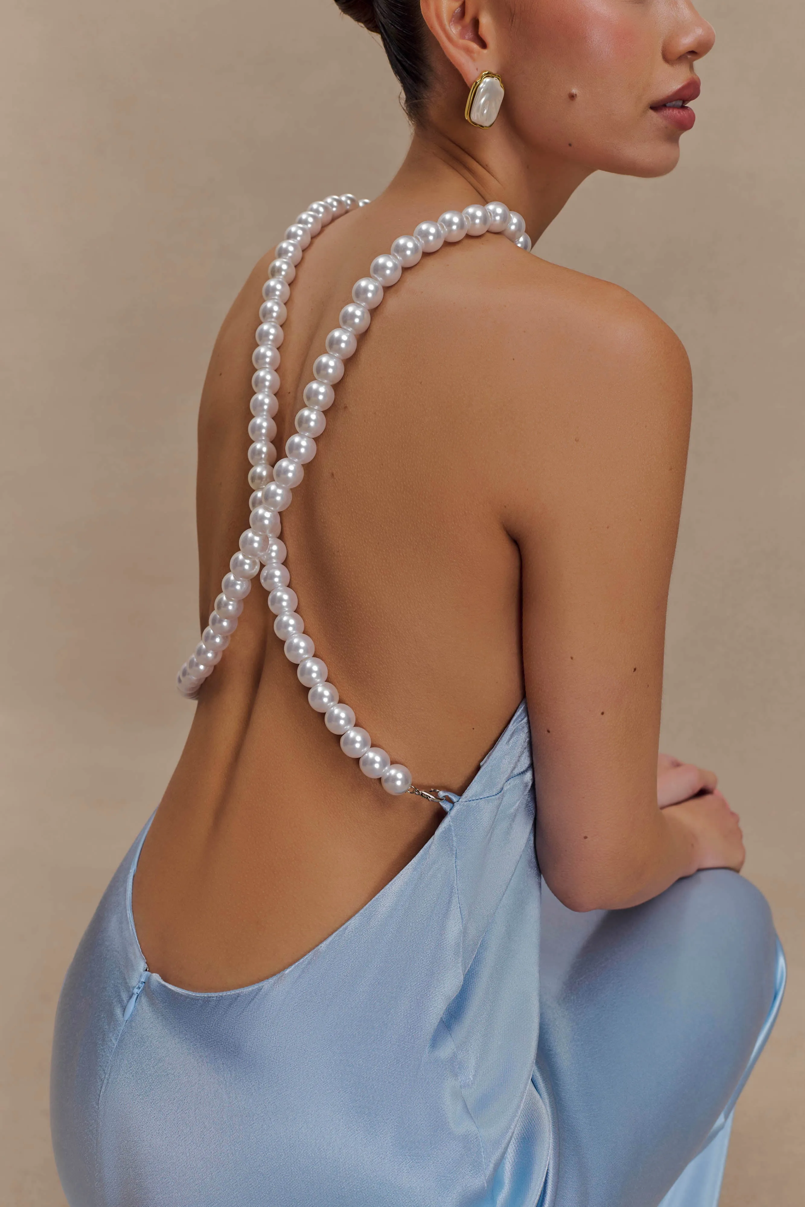 Blanche Satin Pearl Halter Maxi Dress - Cornflower Blue