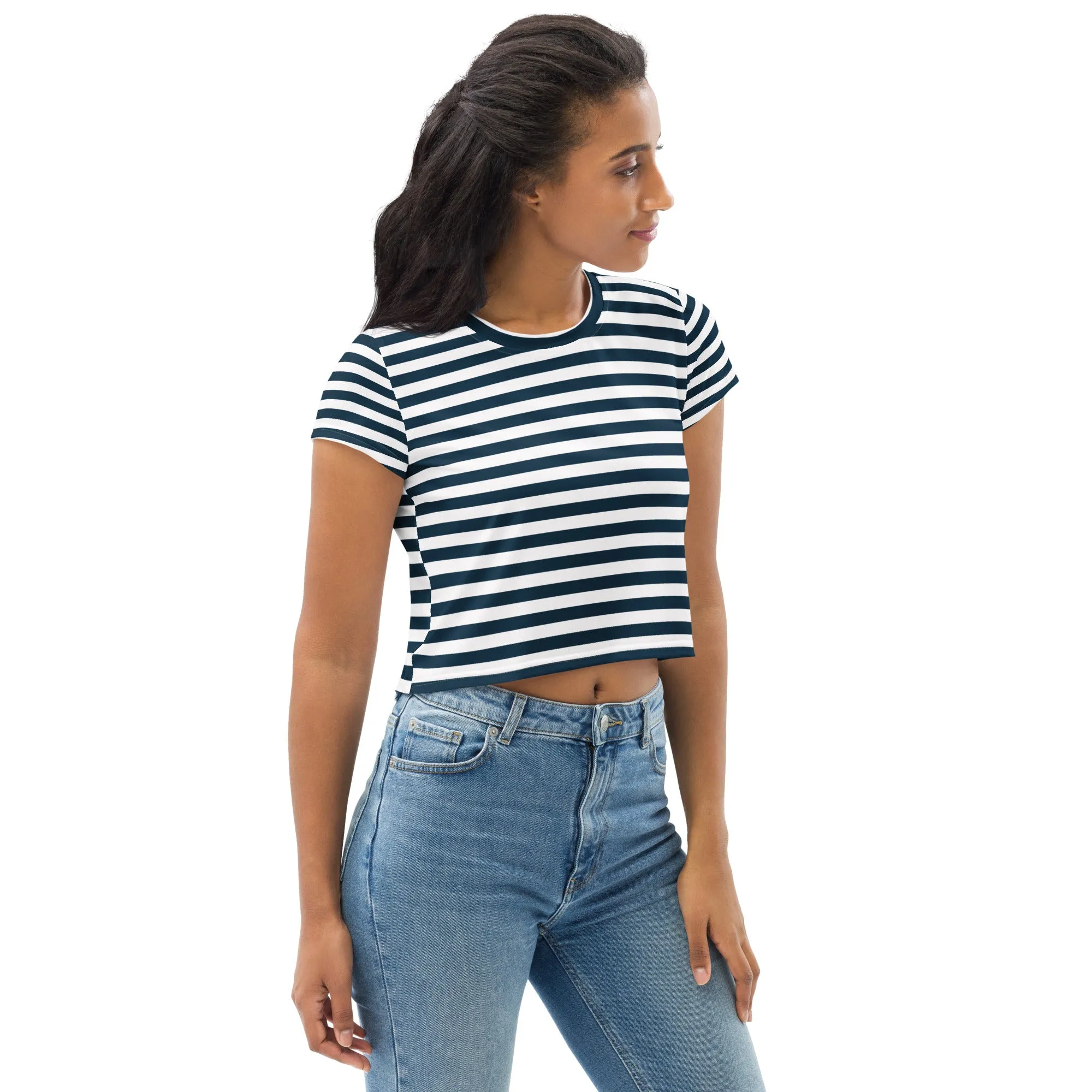 Blue and White Horizontal Stripes All-Over Print Crop Tee, Nautical Print Crop Top