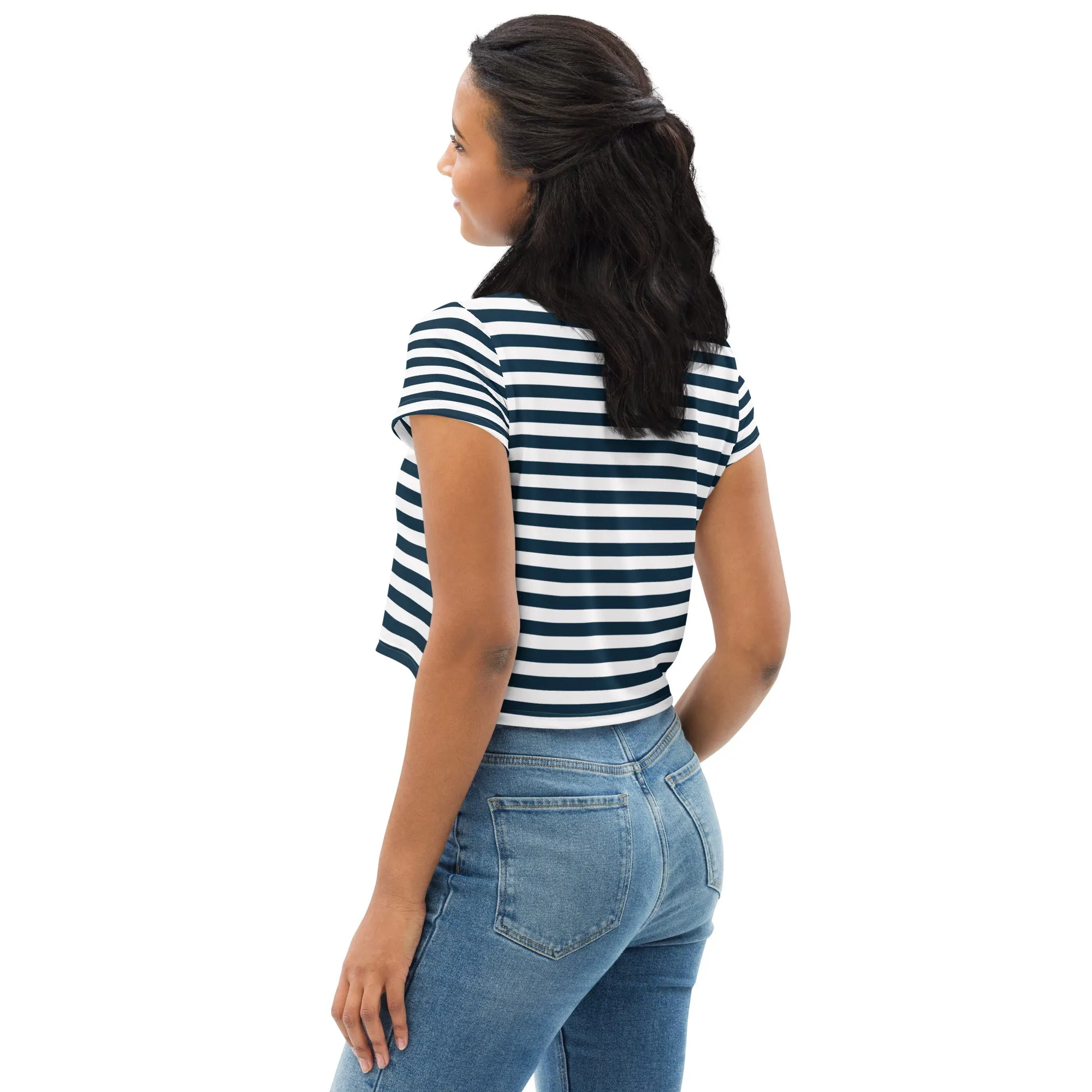 Blue and White Horizontal Stripes All-Over Print Crop Tee, Nautical Print Crop Top