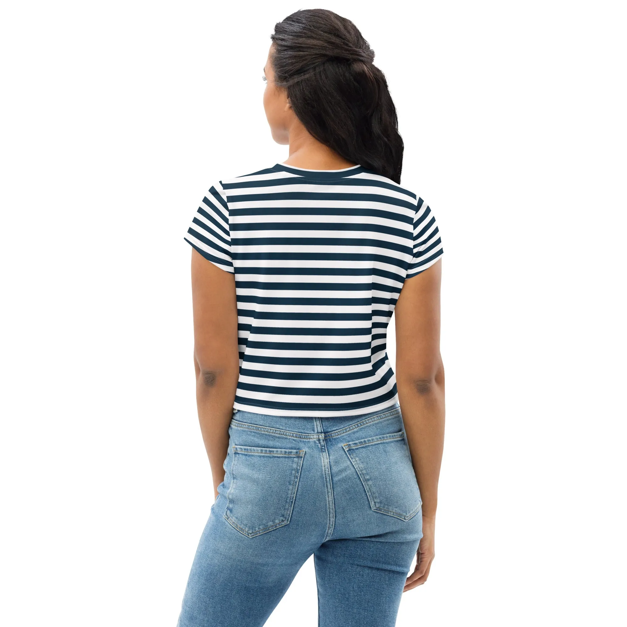 Blue and White Horizontal Stripes All-Over Print Crop Tee, Nautical Print Crop Top