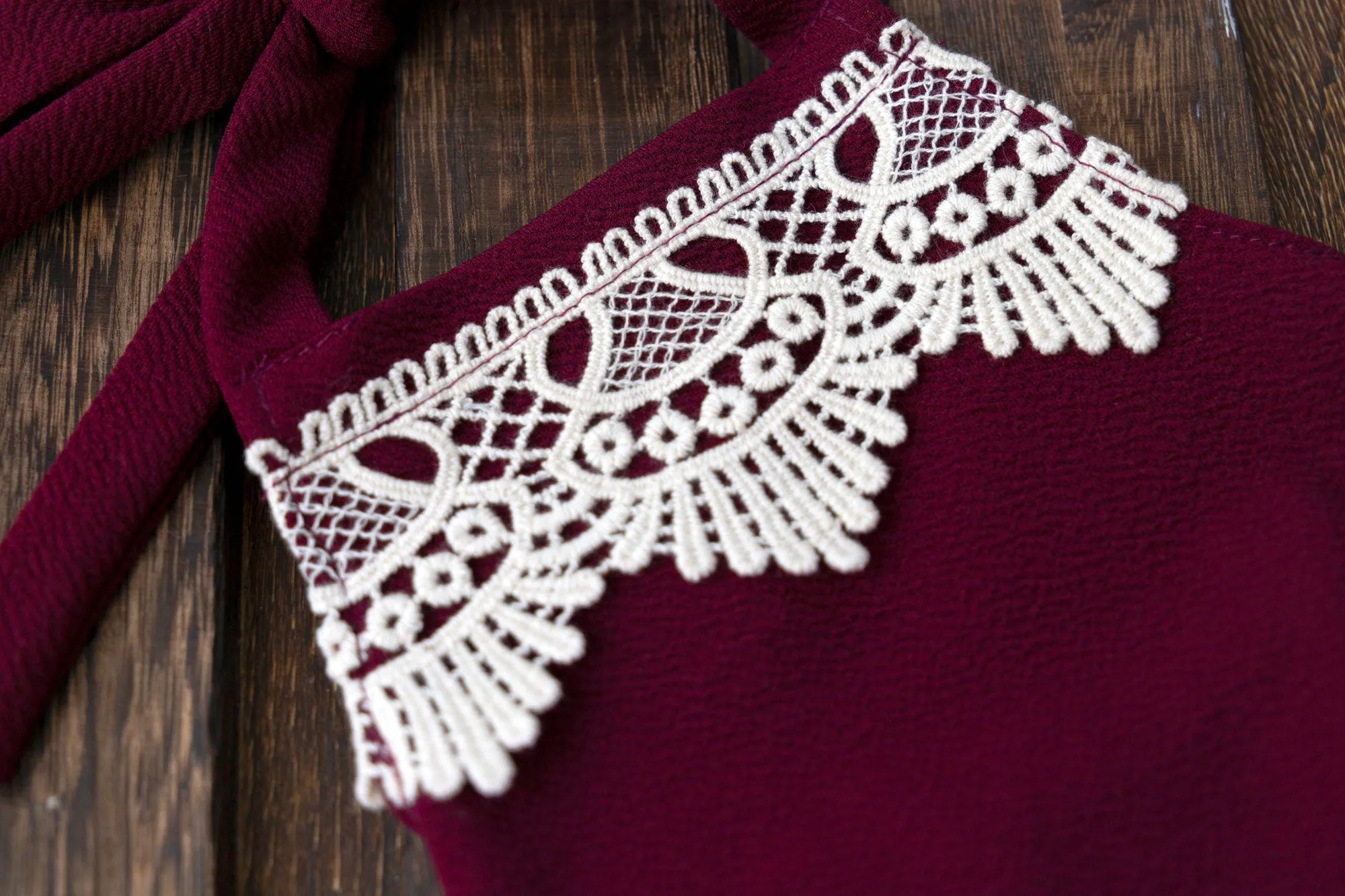 Bohemian Stitch Romper with Lace - Textured - Burgundy