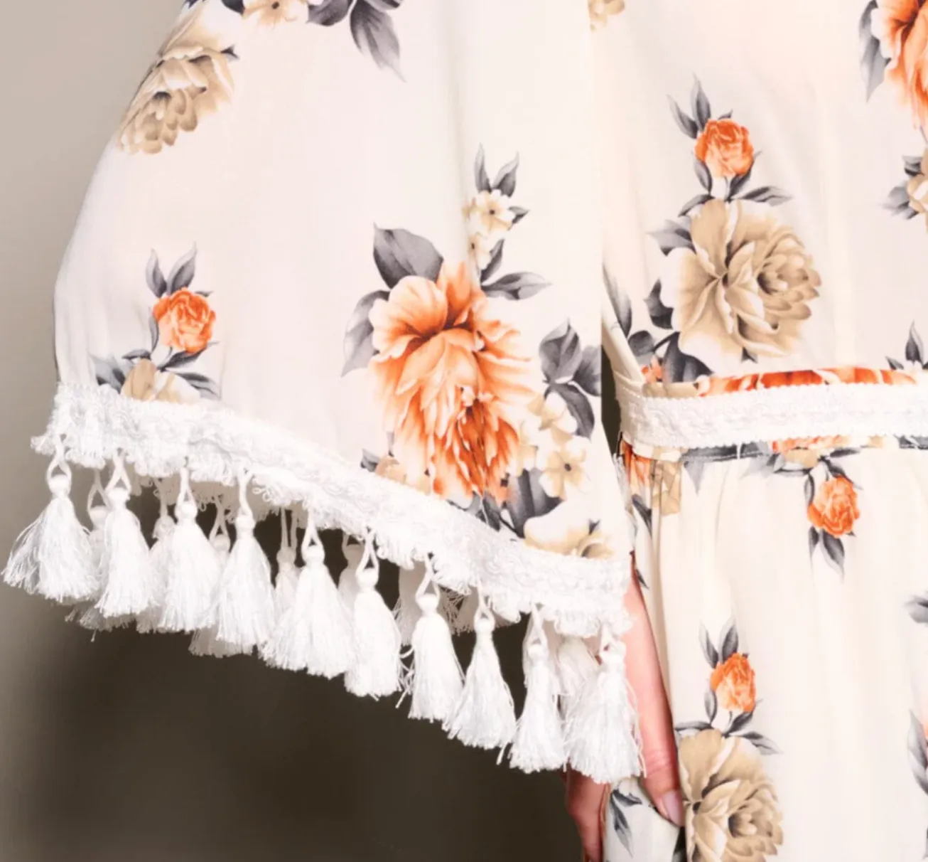 Boho Bliss: 3/4 Sleeves Open Back Tassel Floral Romper White
