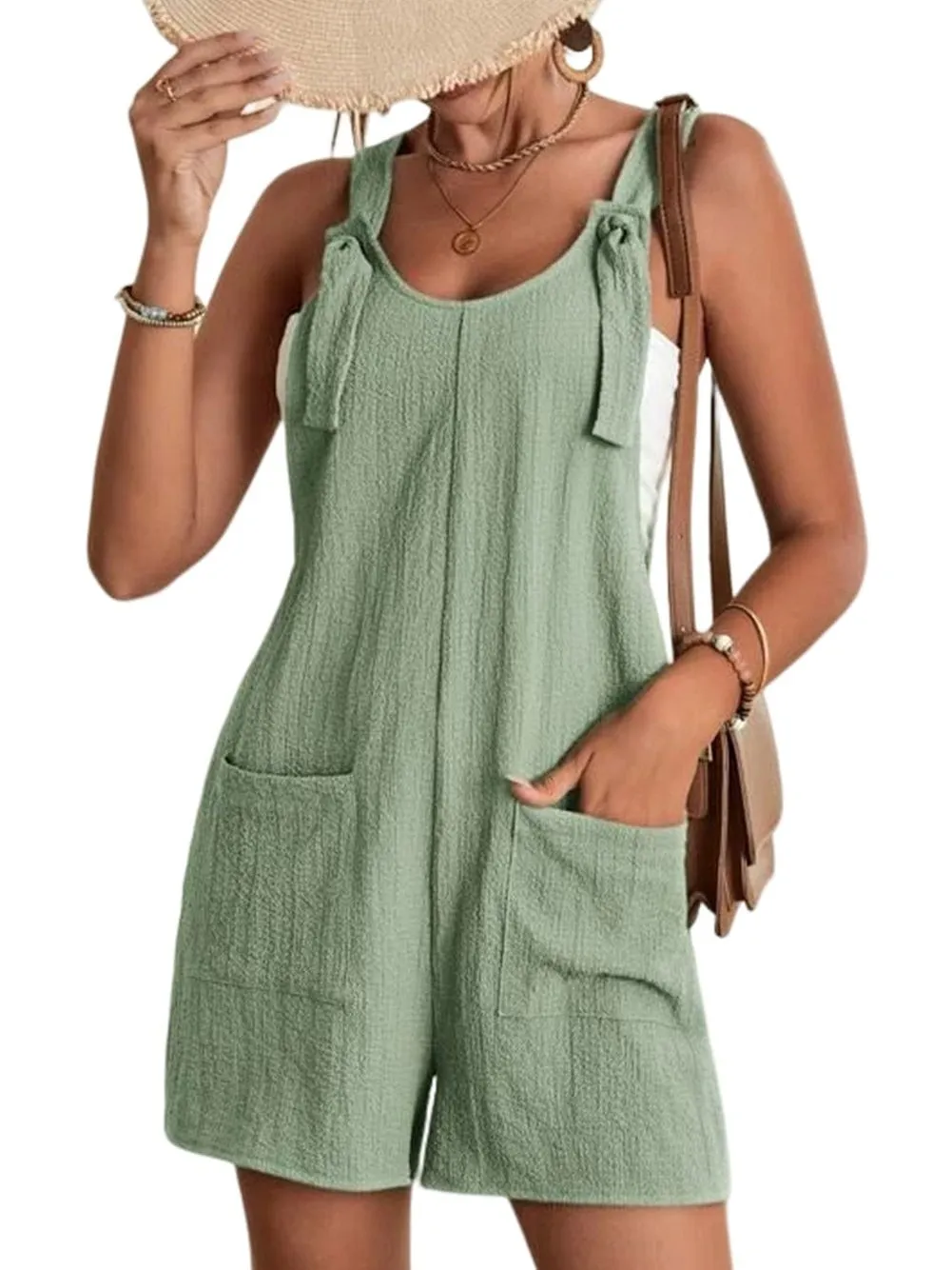 Boho Green Romper with Pockets and Adjustable Straps
