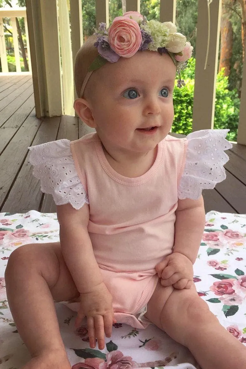 Broderie Anglaise Flutter Romper - Pink - 0000 to 2yrs