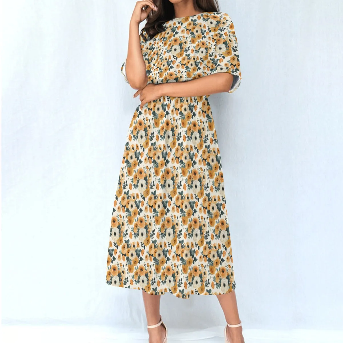 Brown Gold Floral Women Maxi Dress, Fall Flowers Elastic Waist Flowy Long Ankle Length Short Sleeve Pockets Spring Summer Ladies Designer