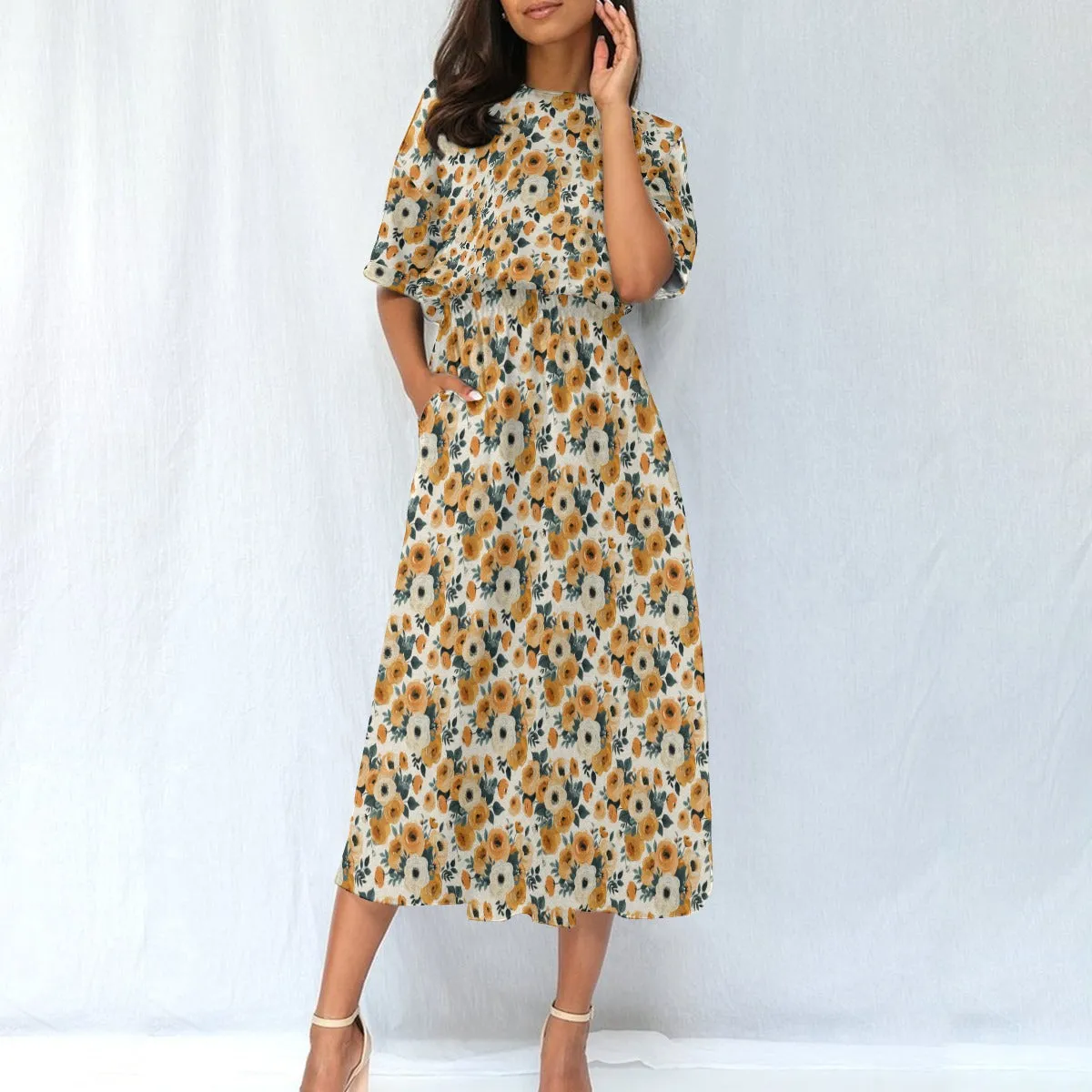 Brown Gold Floral Women Maxi Dress, Fall Flowers Elastic Waist Flowy Long Ankle Length Short Sleeve Pockets Spring Summer Ladies Designer