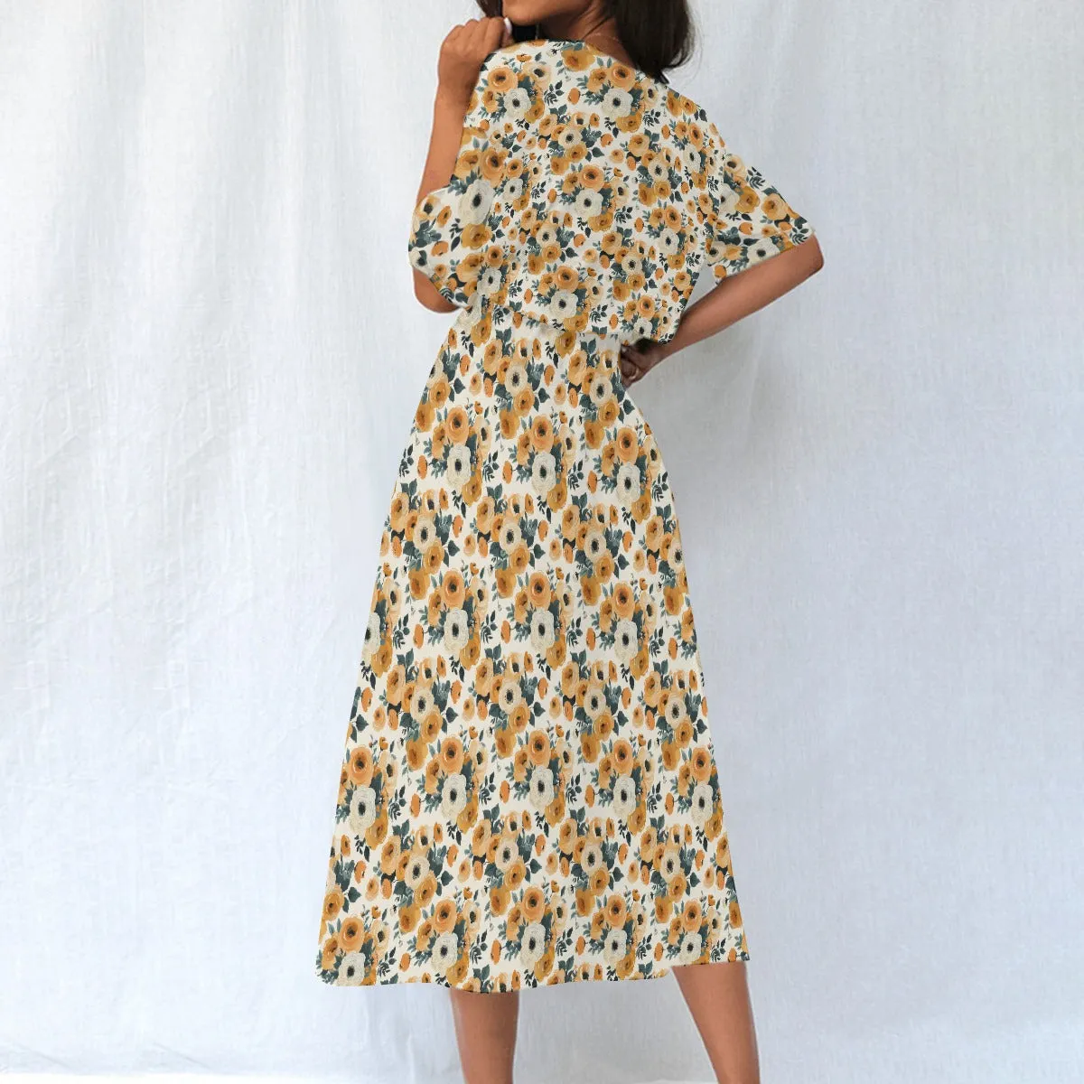 Brown Gold Floral Women Maxi Dress, Fall Flowers Elastic Waist Flowy Long Ankle Length Short Sleeve Pockets Spring Summer Ladies Designer