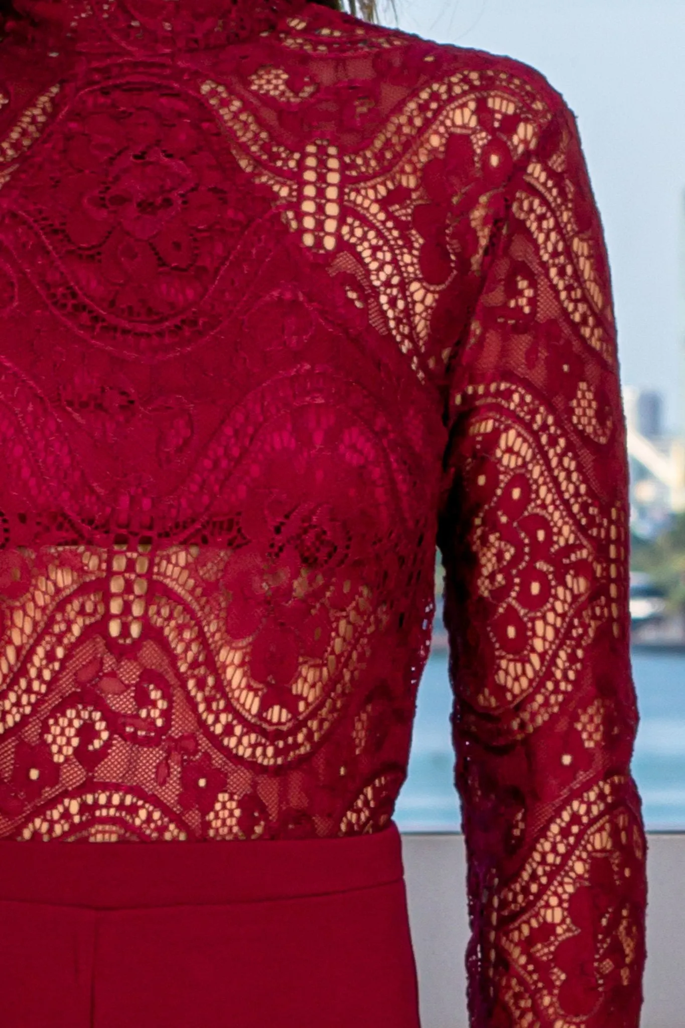 Burgundy High Neck Lace Romper