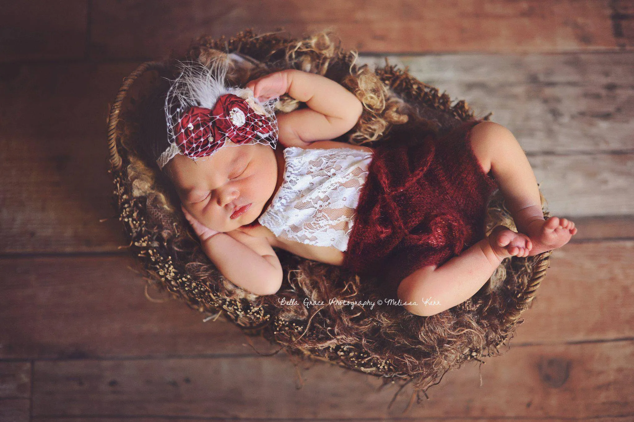 Burgundy Red Lace Front Mohair Knit Newborn Romper