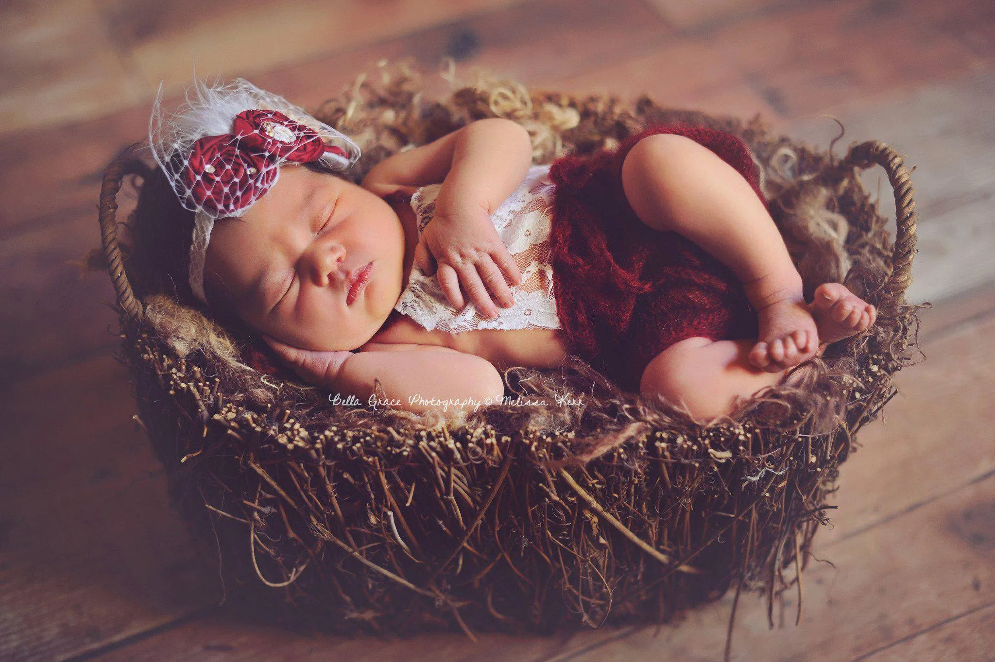 Burgundy Red Lace Front Mohair Knit Newborn Romper