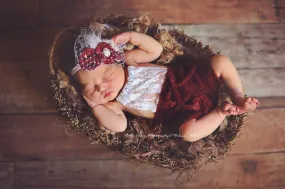 Burgundy Red Lace Front Mohair Knit Newborn Romper