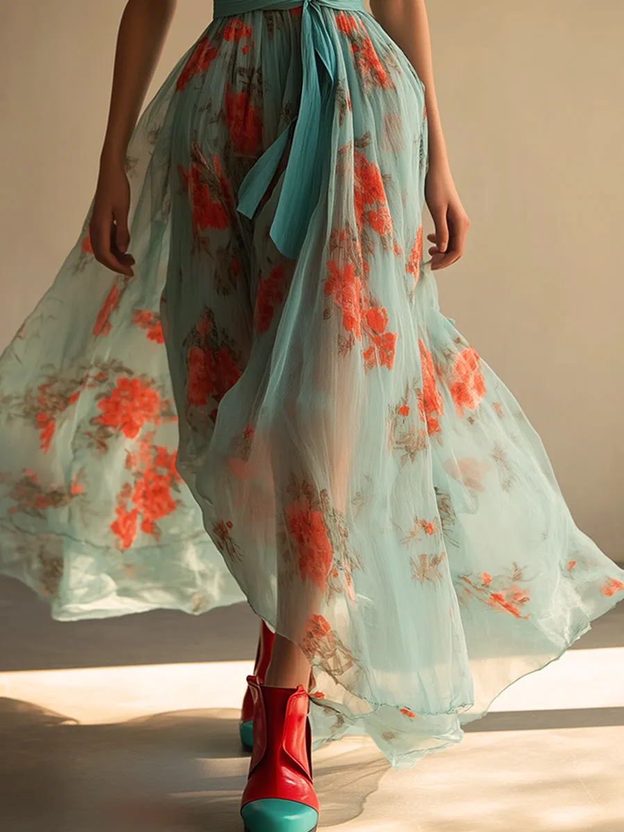 Casual V-neck Lotus Sleeve Flower Flowy Maxi Dress