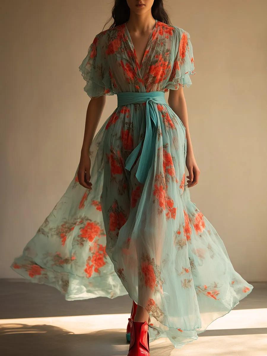 Casual V-neck Lotus Sleeve Flower Flowy Maxi Dress