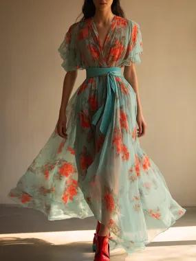 Casual V-neck Lotus Sleeve Flower Flowy Maxi Dress