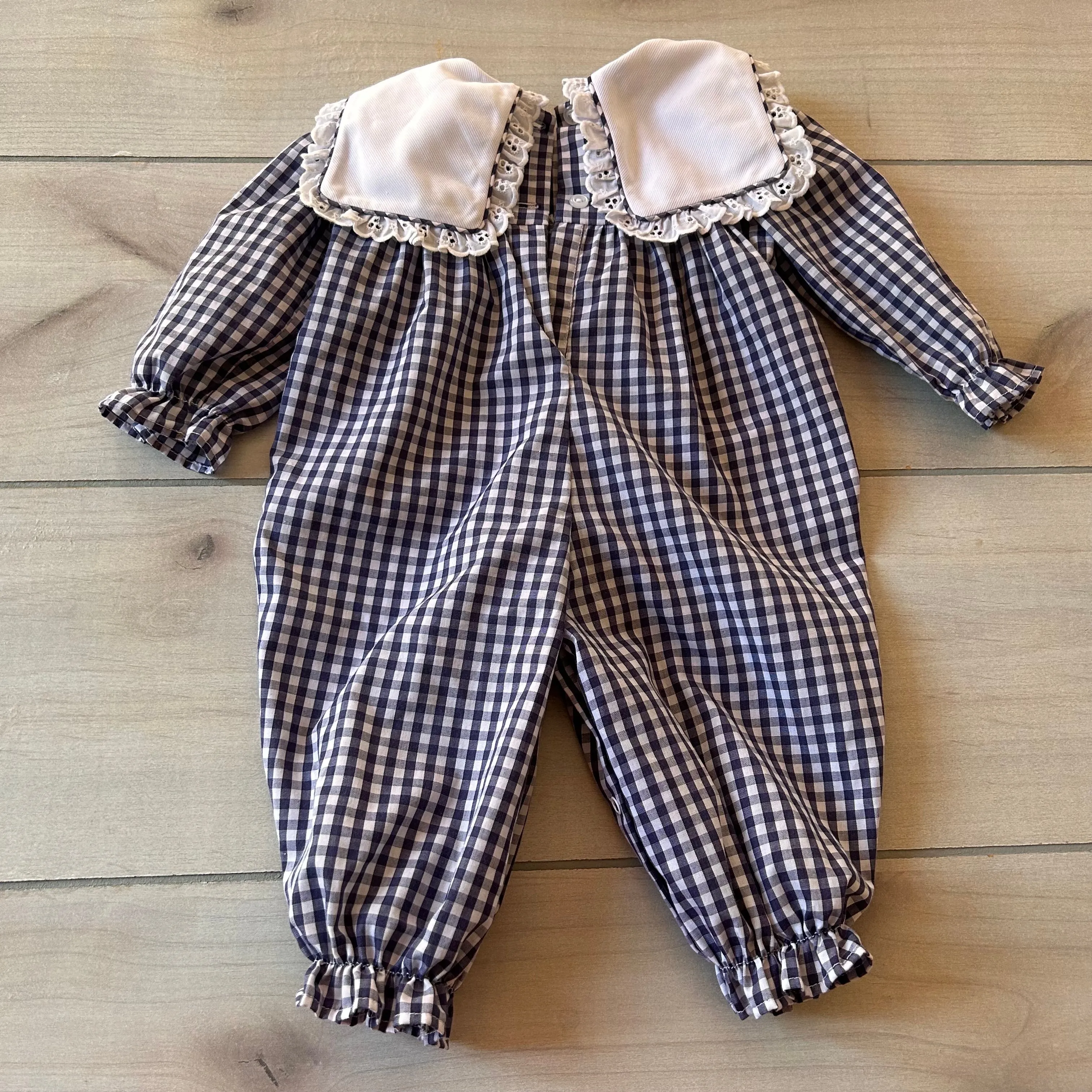 Cecil And Lou Blue Gingham Pumpkin Smocked Bubble Romper