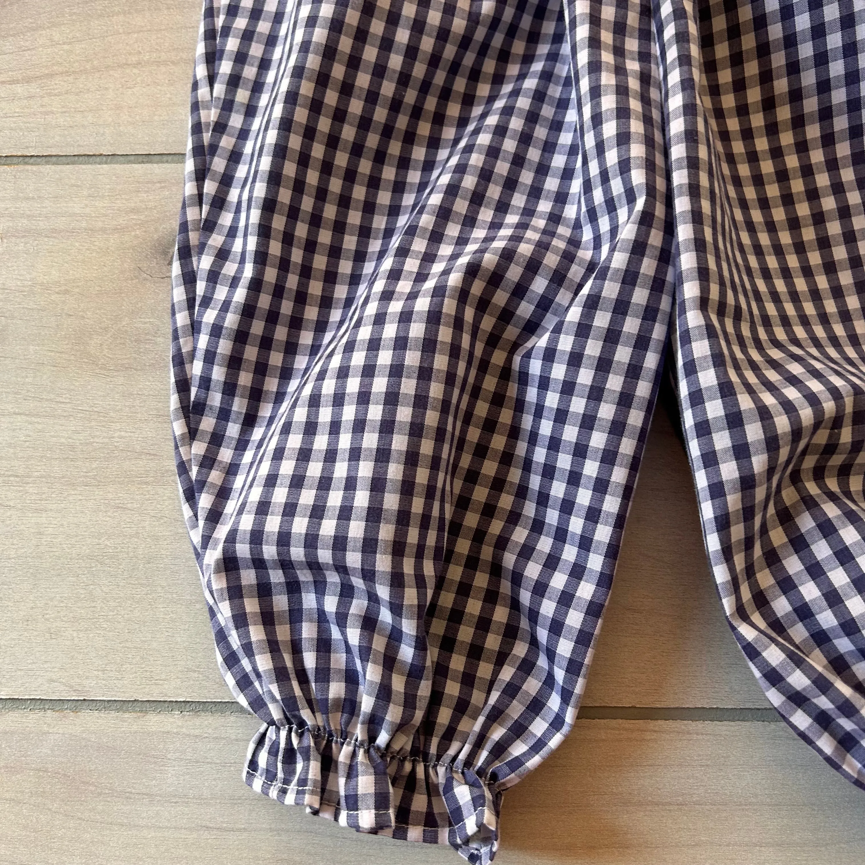 Cecil And Lou Blue Gingham Pumpkin Smocked Bubble Romper