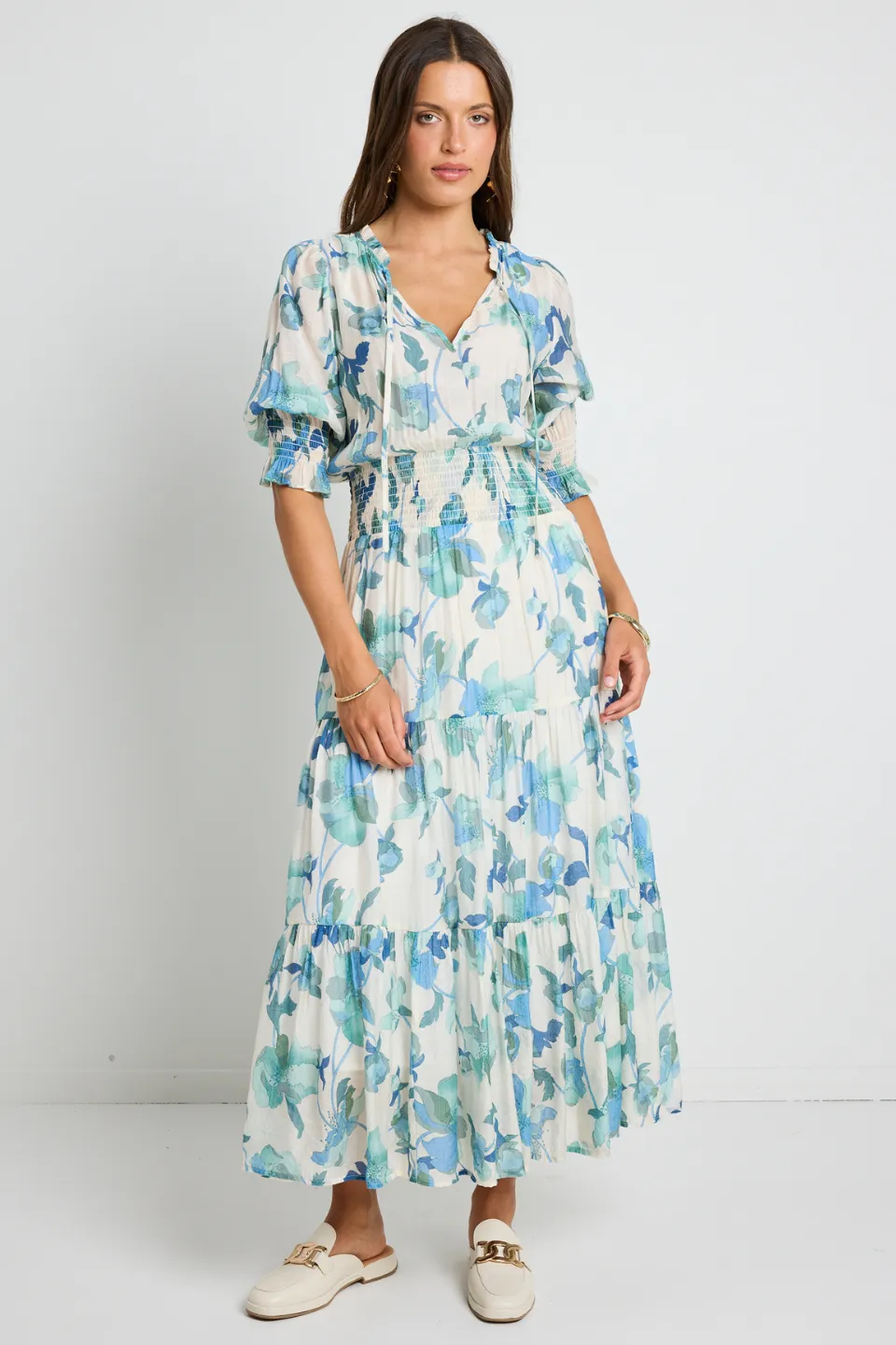 Charlie Blue Cream Floral SS V neck Tiered Midi Dress