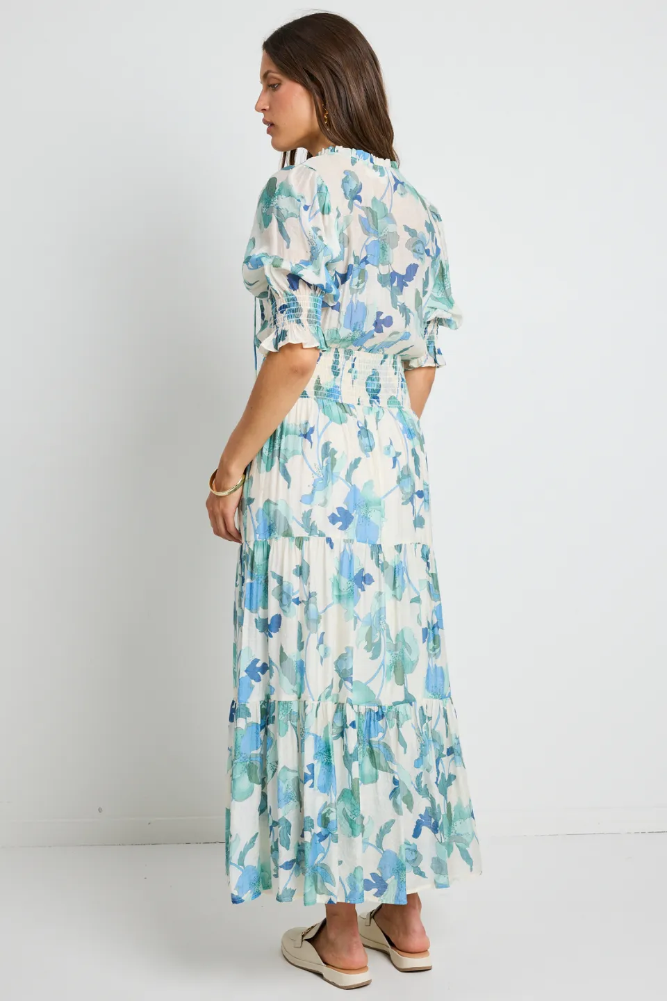 Charlie Blue Cream Floral SS V neck Tiered Midi Dress