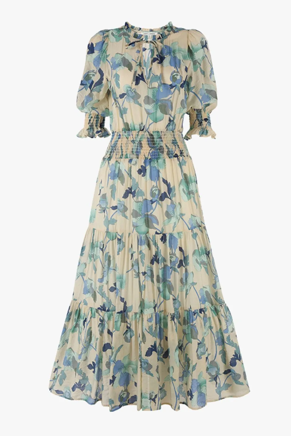 Charlie Blue Cream Floral SS V neck Tiered Midi Dress