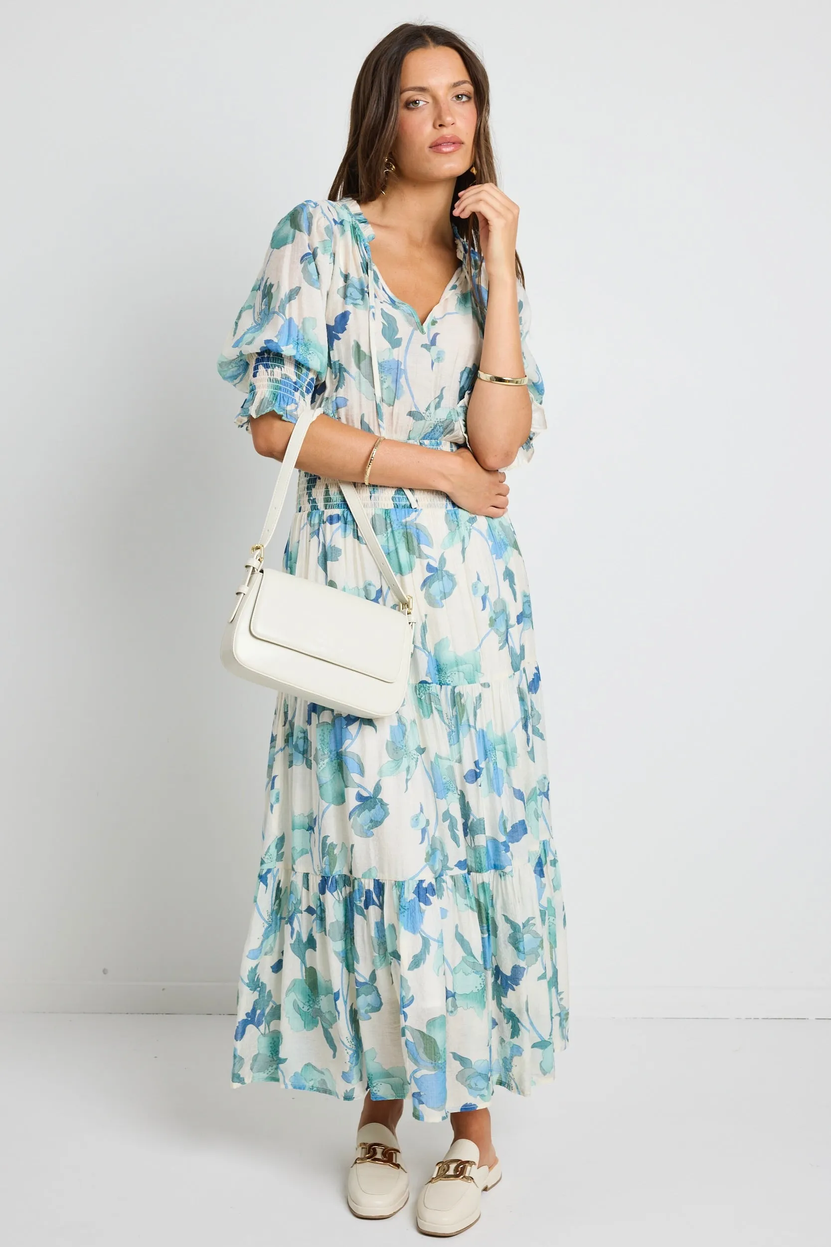 Charlie Blue Cream Floral SS V neck Tiered Midi Dress