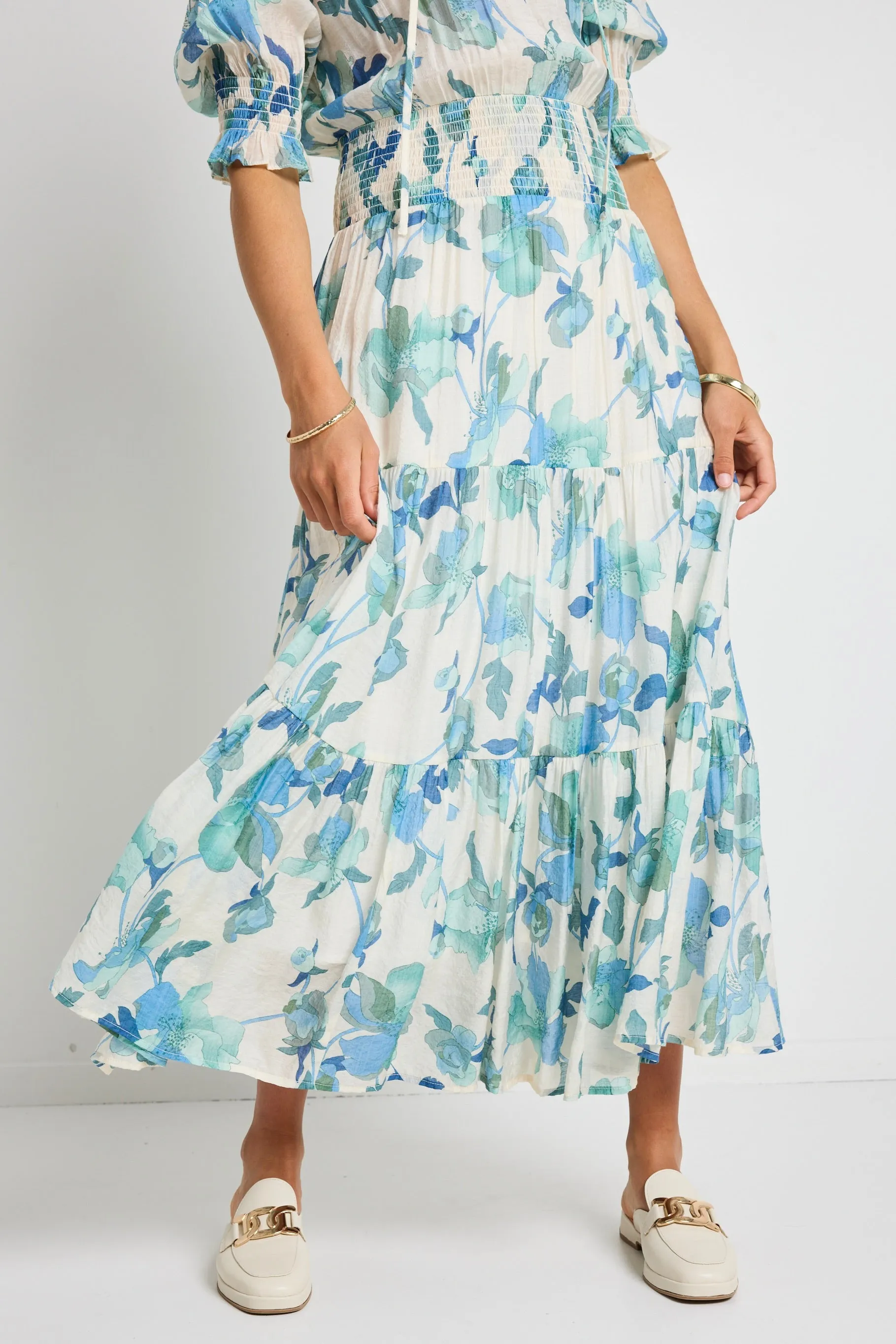 Charlie Blue Cream Floral SS V neck Tiered Midi Dress