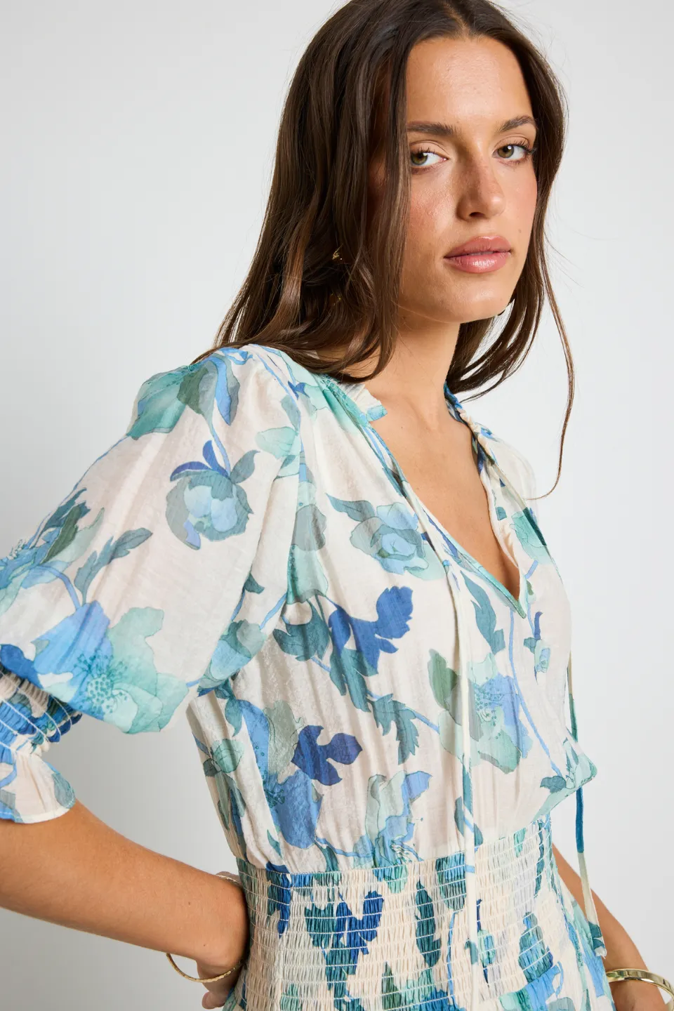Charlie Blue Cream Floral SS V neck Tiered Midi Dress