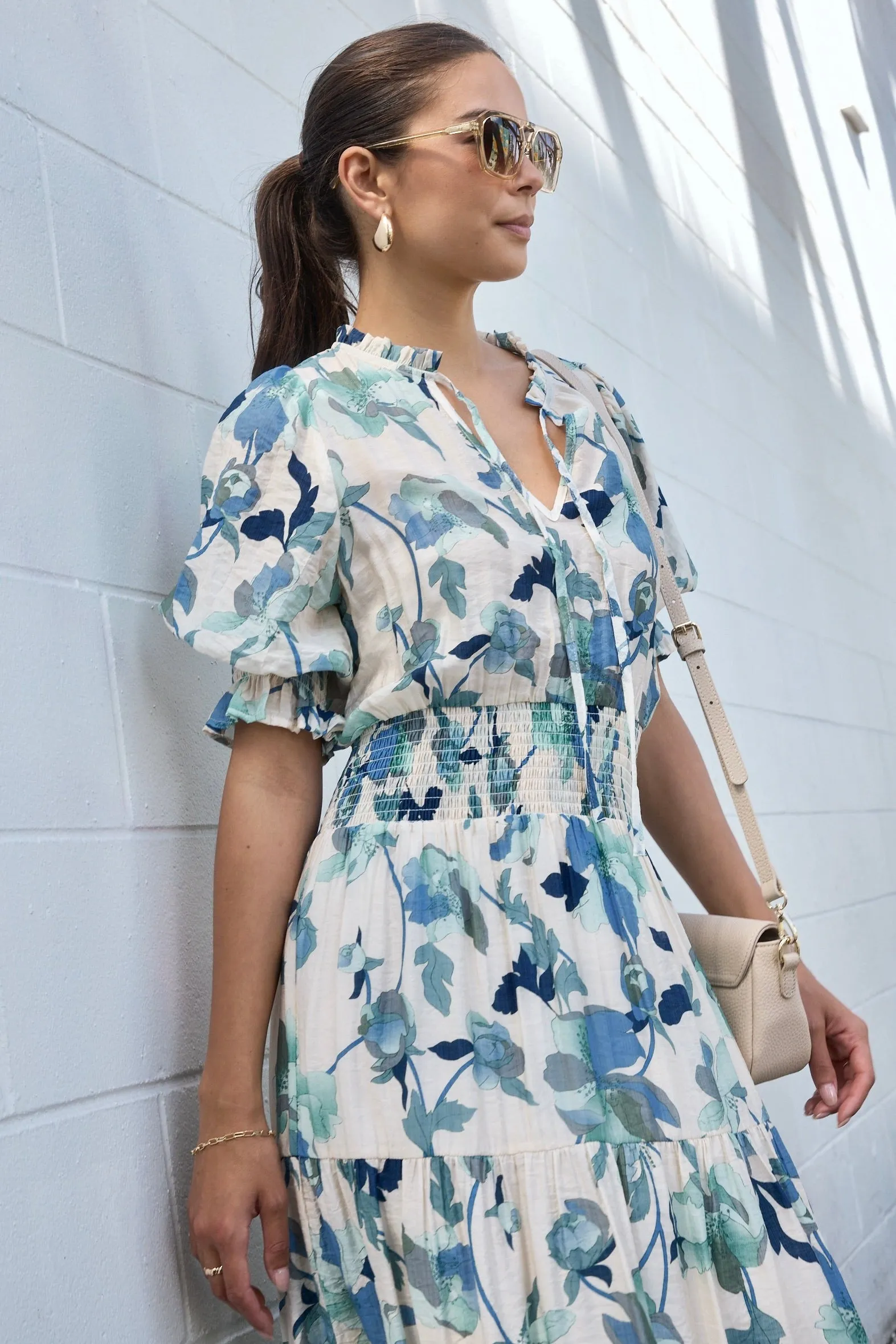 Charlie Blue Cream Floral SS V neck Tiered Midi Dress