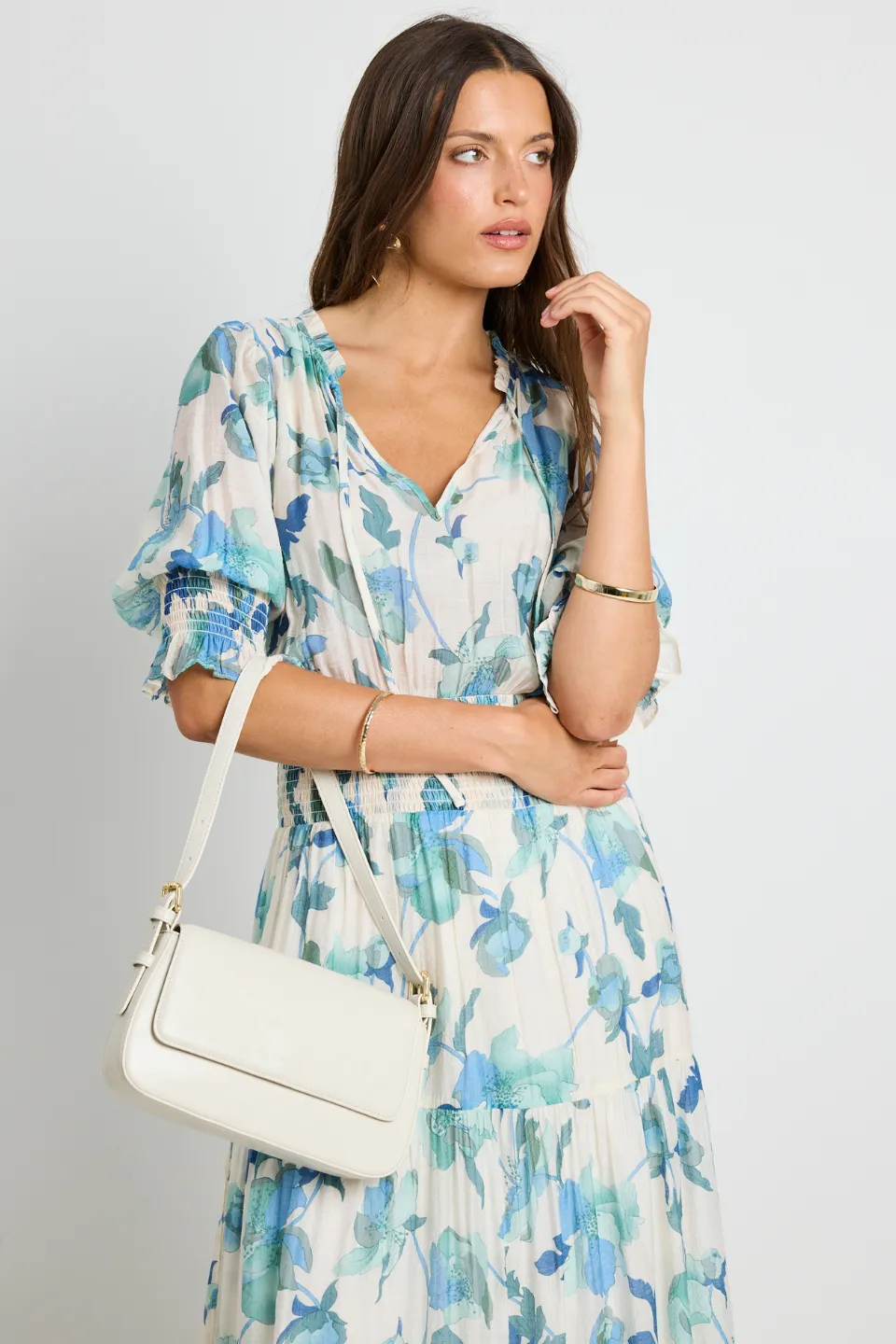 Charlie Blue Cream Floral SS V neck Tiered Midi Dress