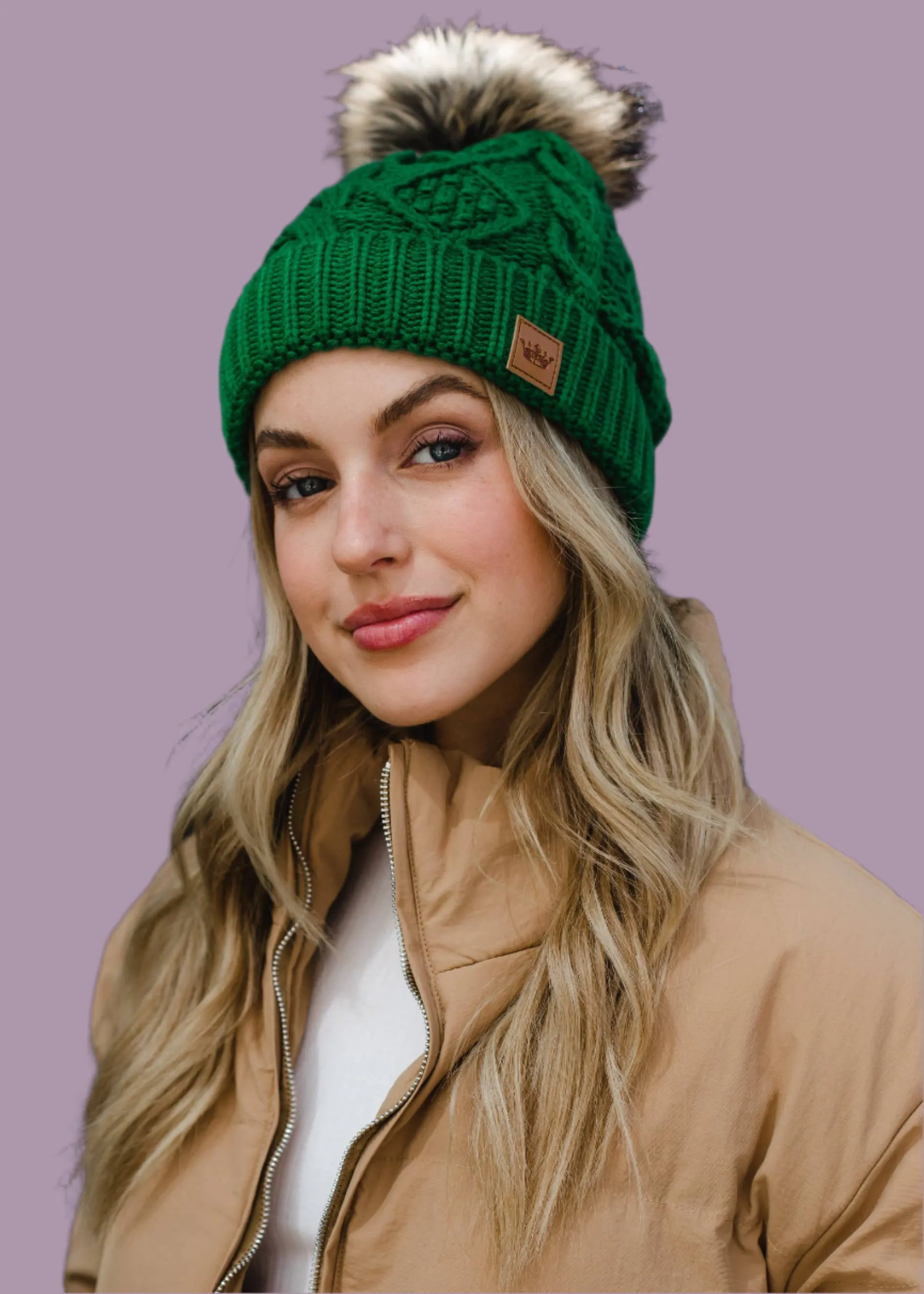 Classic Green Cable Knit Pom Hat