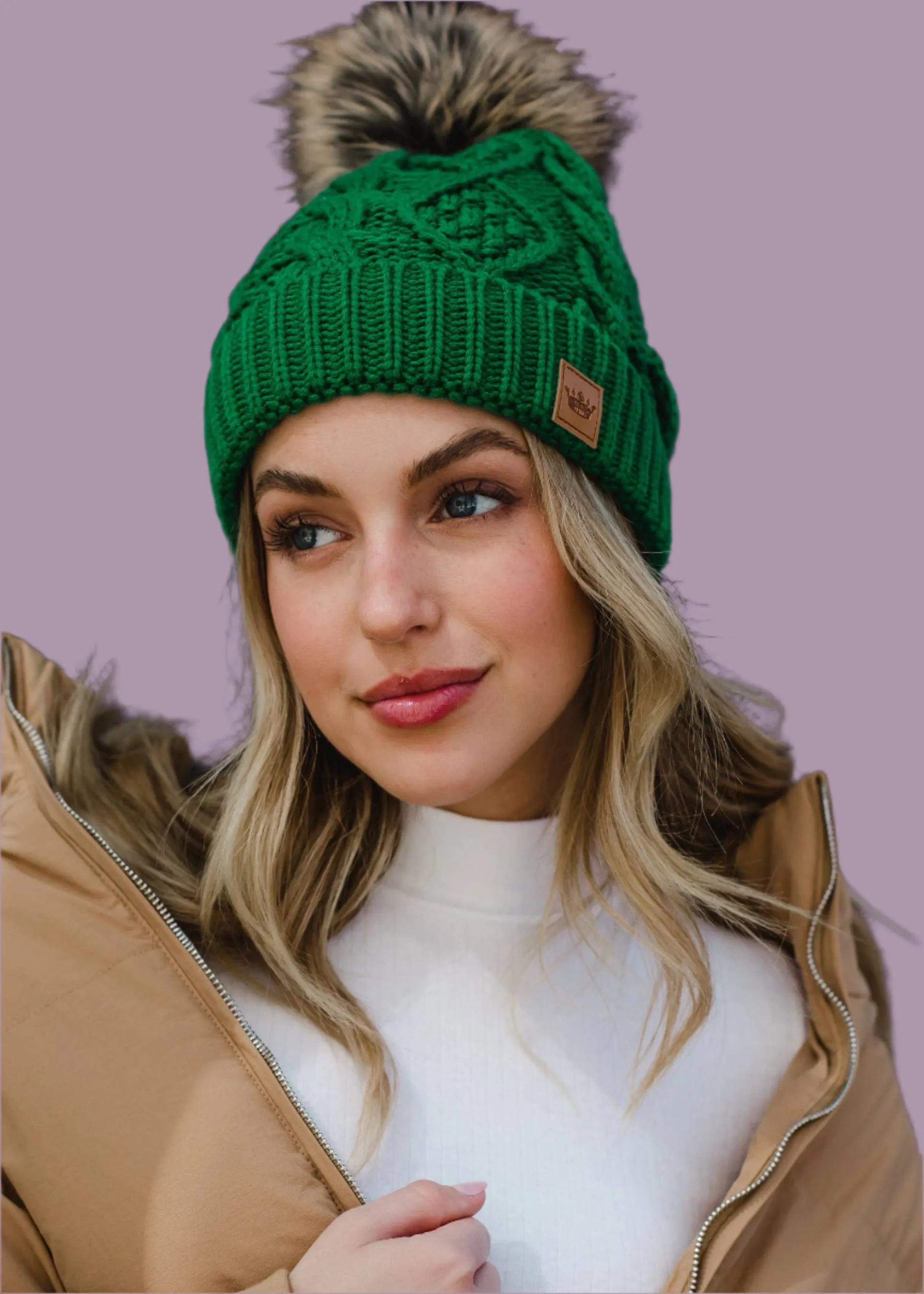 Classic Green Cable Knit Pom Hat