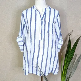 Collarless half button down cotton shirt with medium stripes (M)