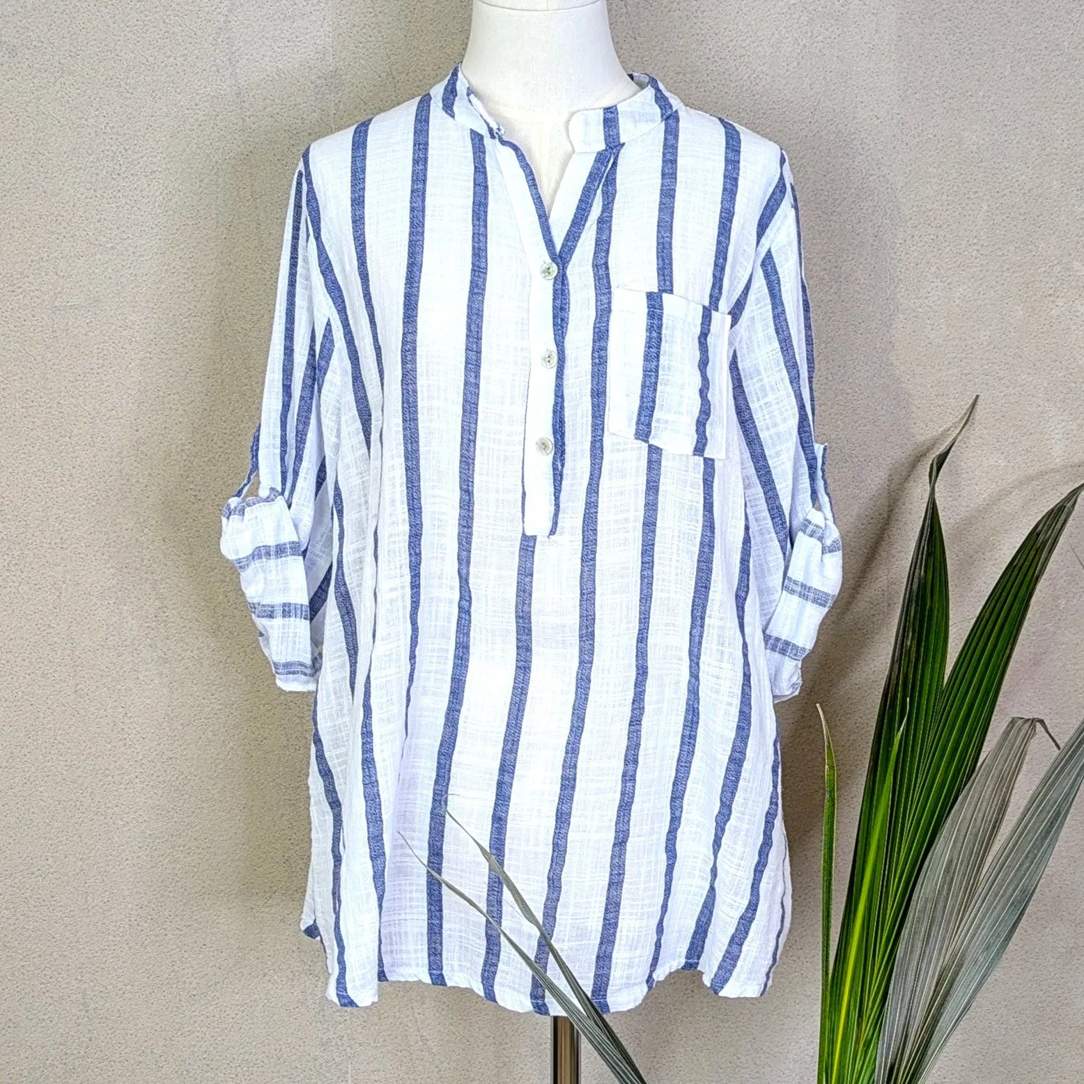 Collarless half button down cotton shirt with medium stripes (M)