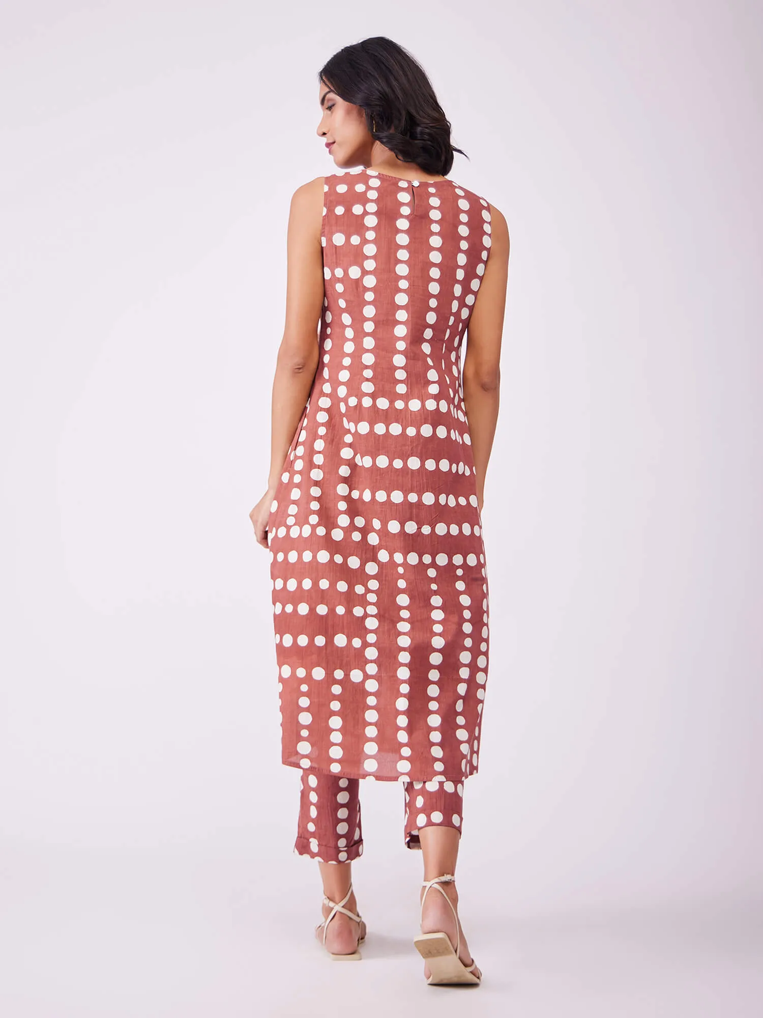 Cotton Polka Sleeveless Kurta Set - Rust