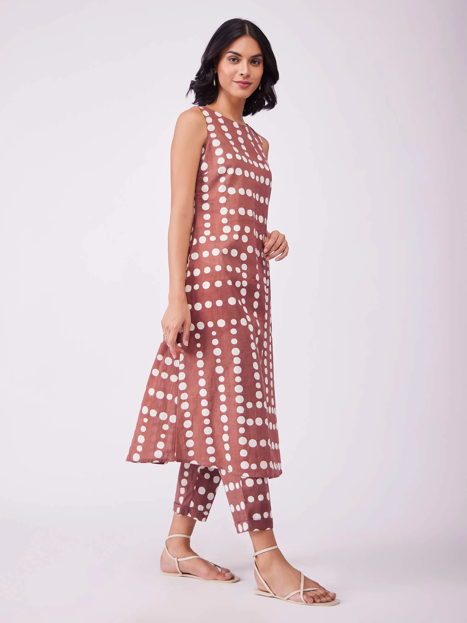 Cotton Polka Sleeveless Kurta Set - Rust