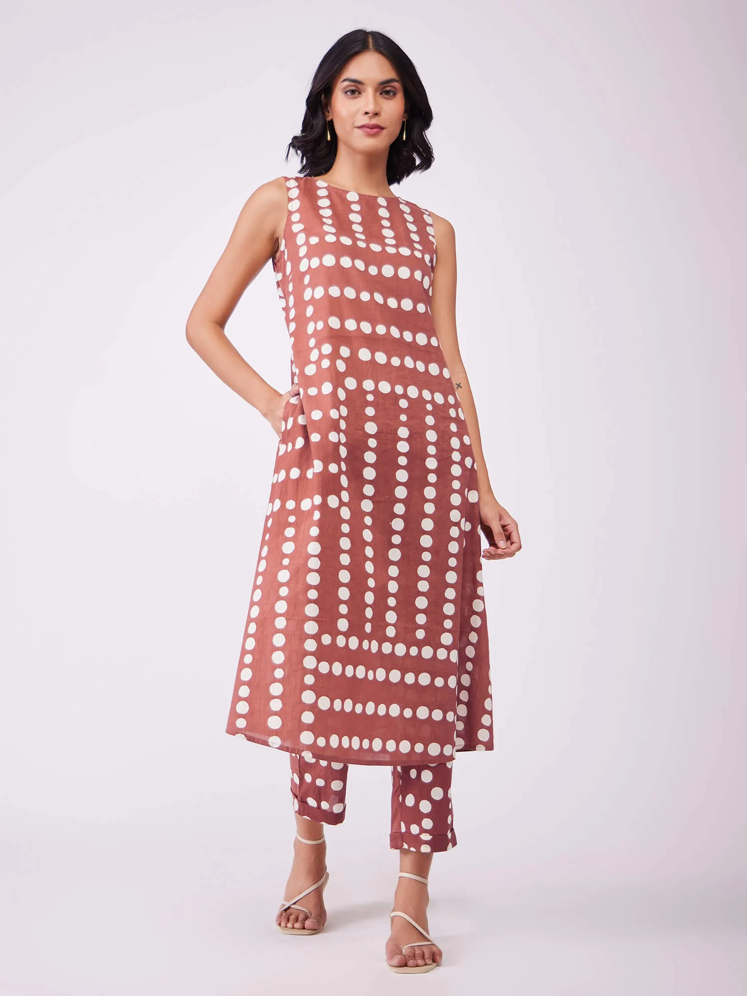 Cotton Polka Sleeveless Kurta Set - Rust