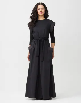 Cotton Poplin Elastic Waist Pocket Jumper with Satin Trim
