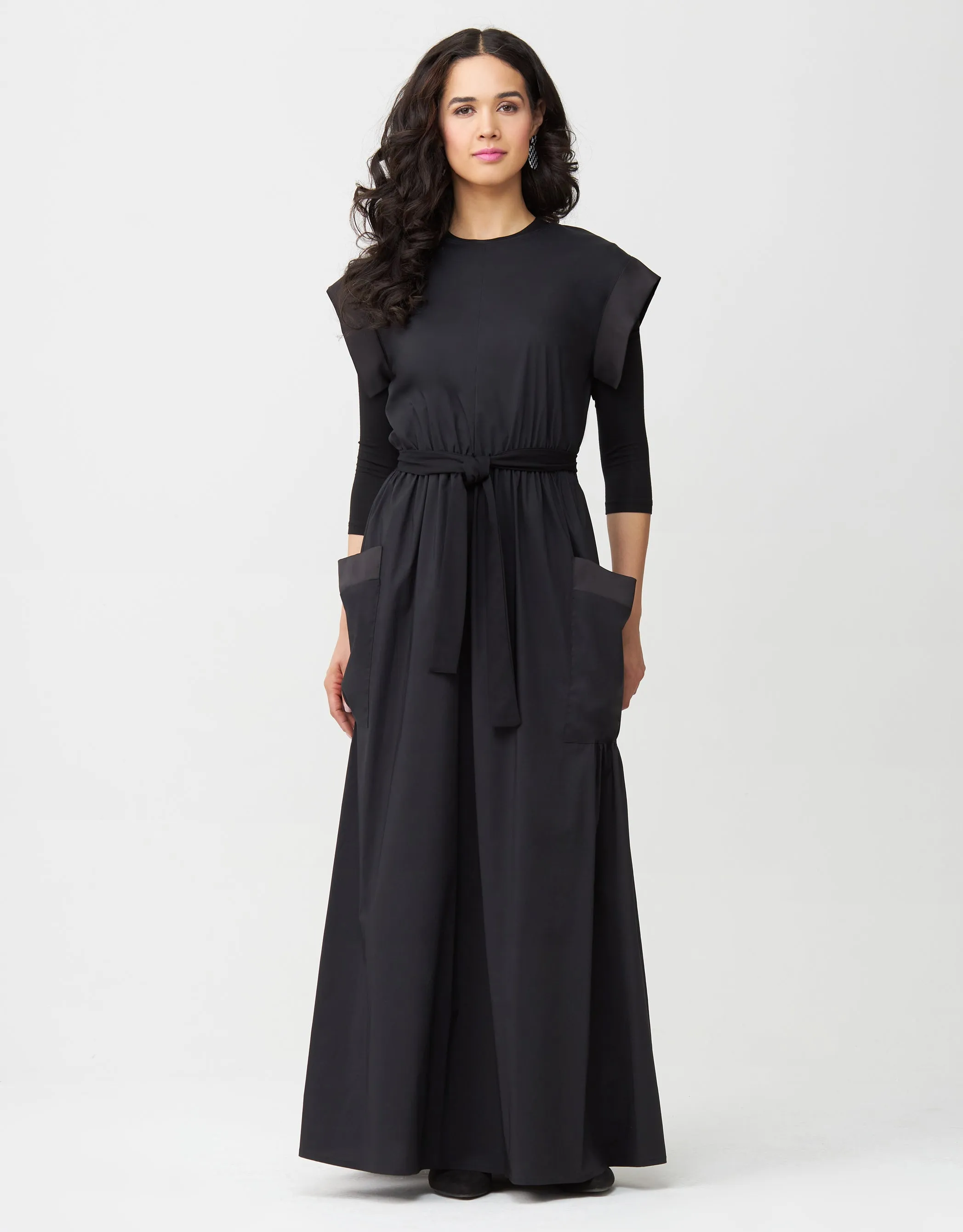 Cotton Poplin Elastic Waist Pocket Jumper with Satin Trim