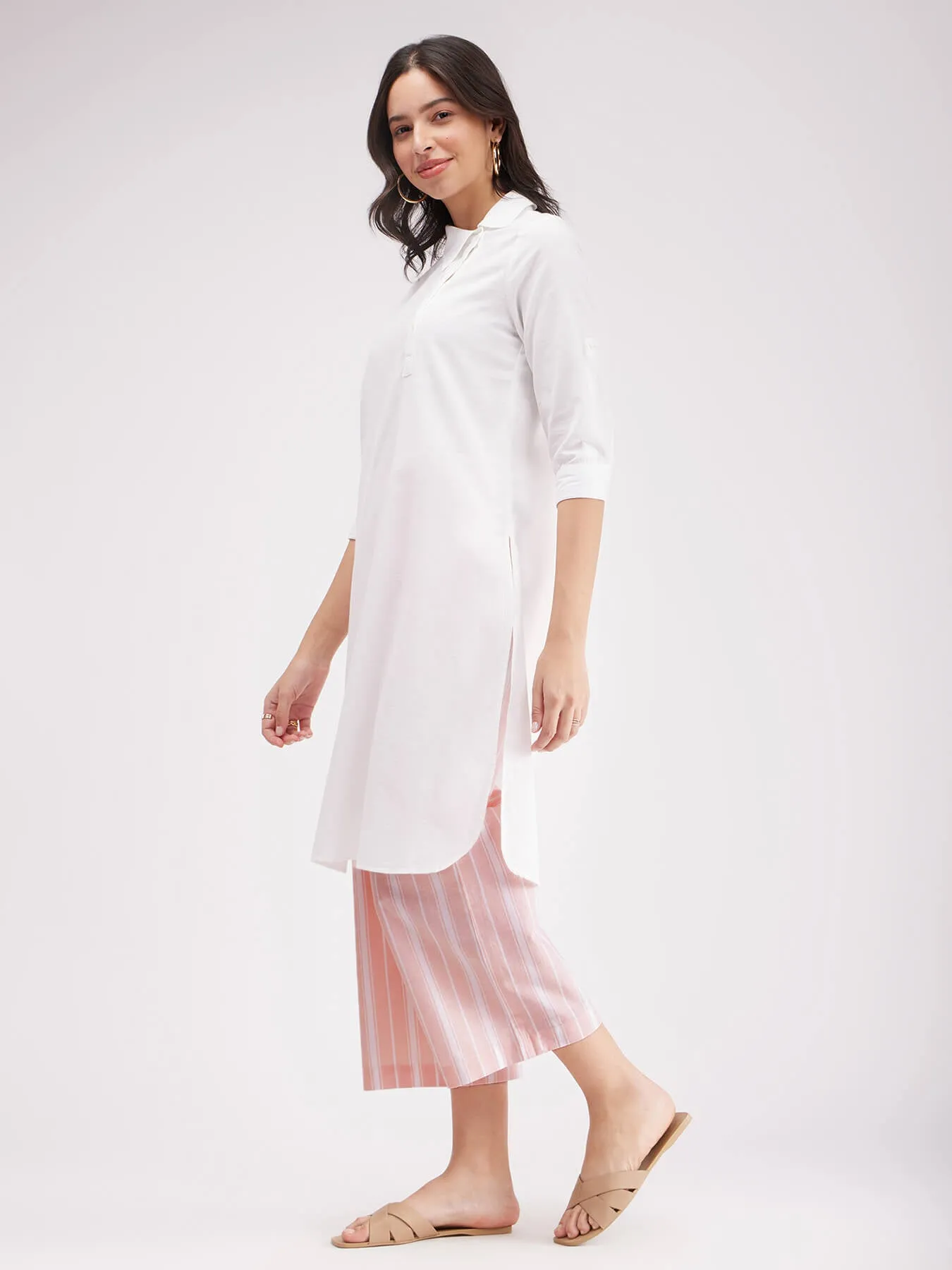 Cotton Solid Kurta Set - White And Pink
