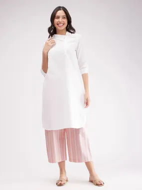 Cotton Solid Kurta Set - White And Pink