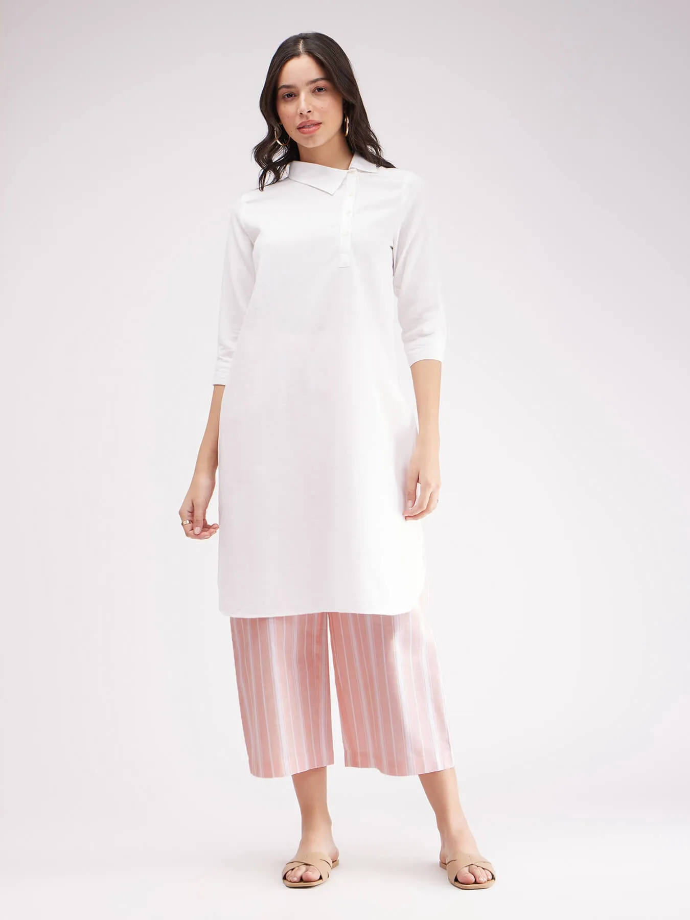 Cotton Solid Kurta Set - White And Pink