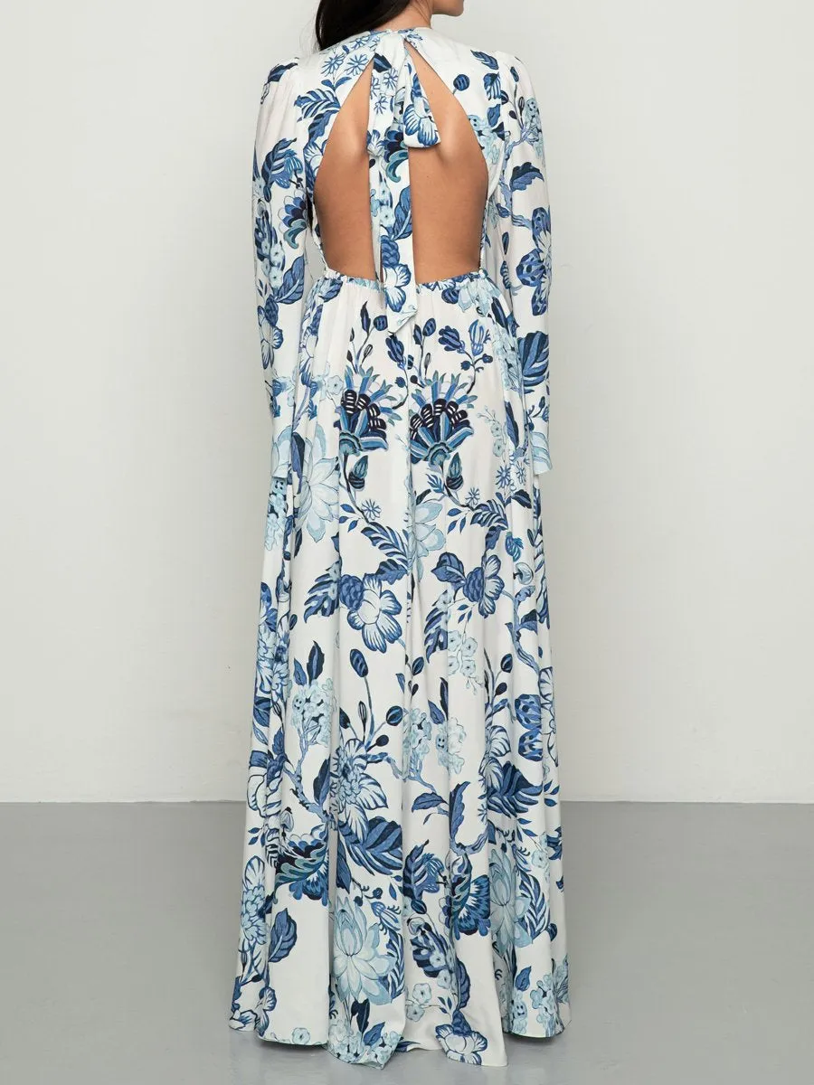 Deep V Neck Backless Printed Beach Dress