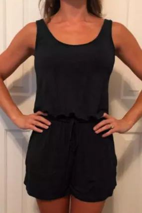 Drawstring Pocket Romper
 In Black