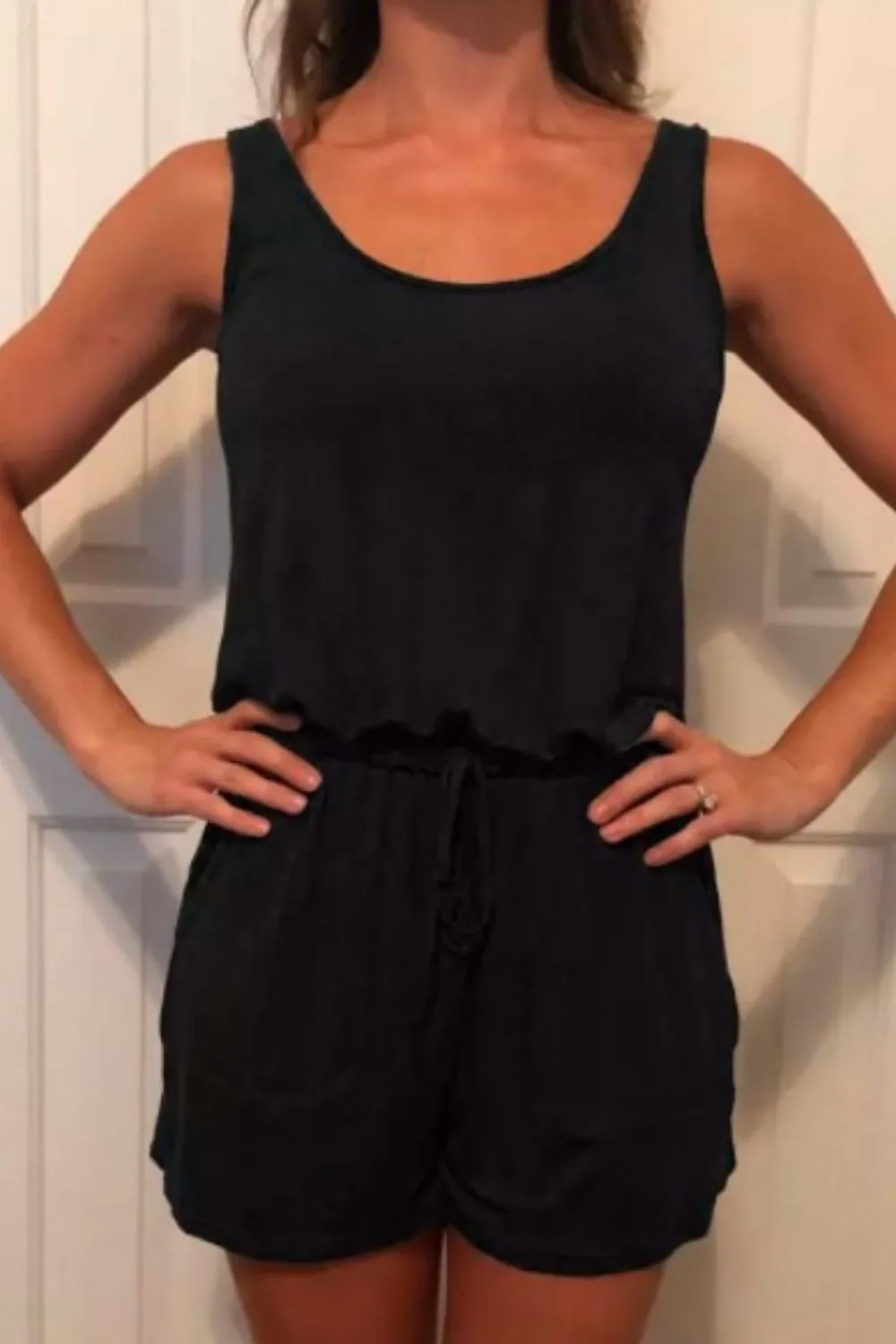 Drawstring Pocket Romper
 In Black