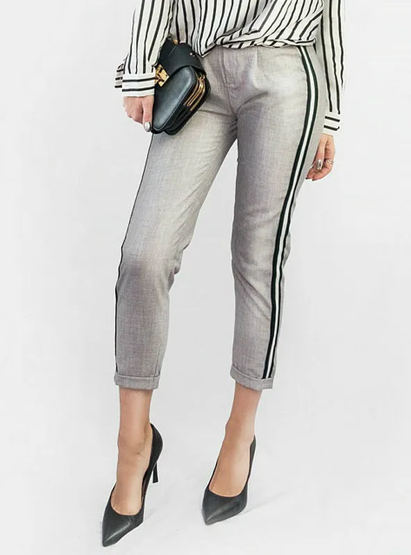 Elegant Side Stripe Black Pants Elastic Waist Ladies