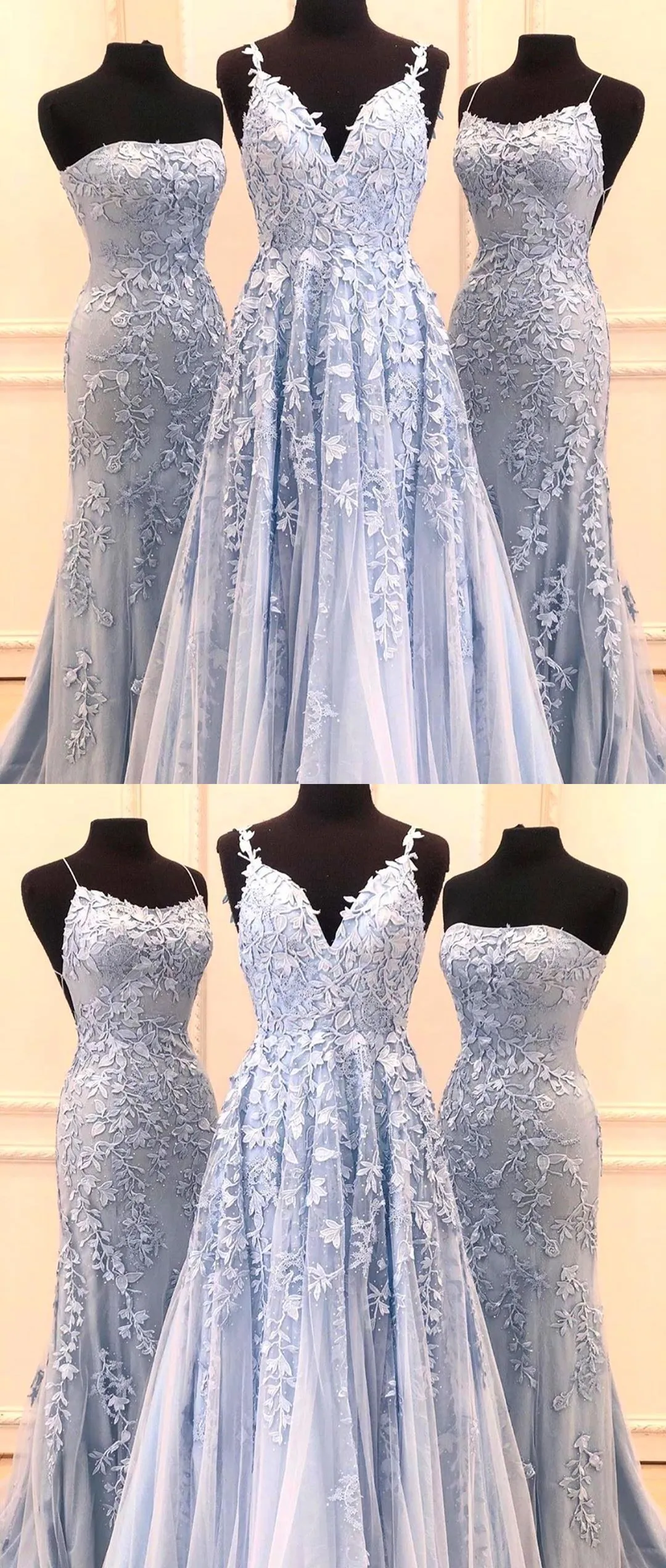 Fairy Light Blue Lace Appliques Tulle A-line Long Prom Dress