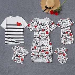 Family Matching Allover Heart & Letter Print Twist Knot Bodycon Dresses and Short-sleeve Striped T-shirts Sets
