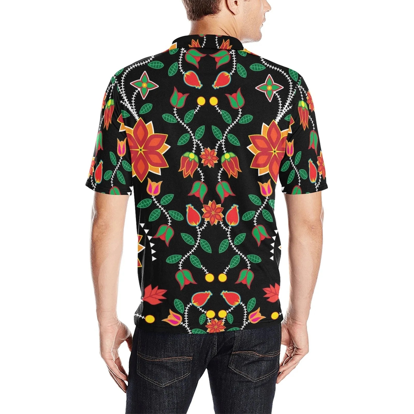 Floral Beadwork Six Bands Polo Shirt
