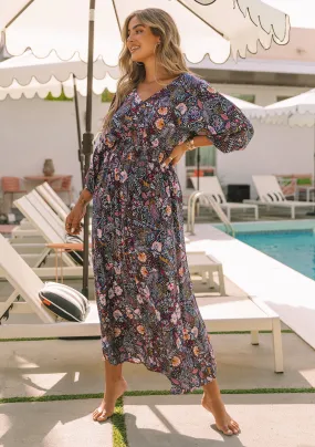 Floral Dolman Sleeve V Neck Smocked Maxi Dress