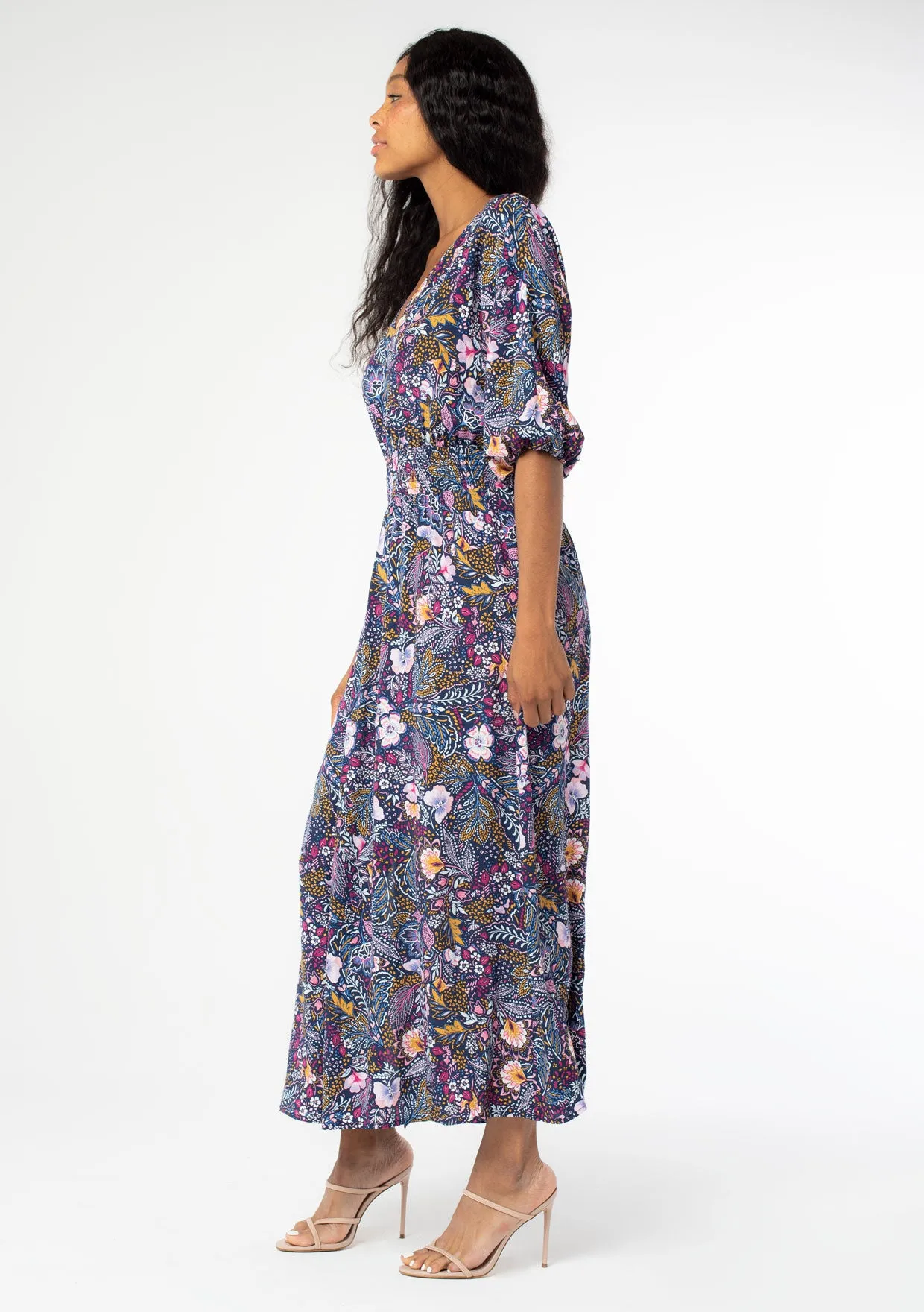 Floral Dolman Sleeve V Neck Smocked Maxi Dress